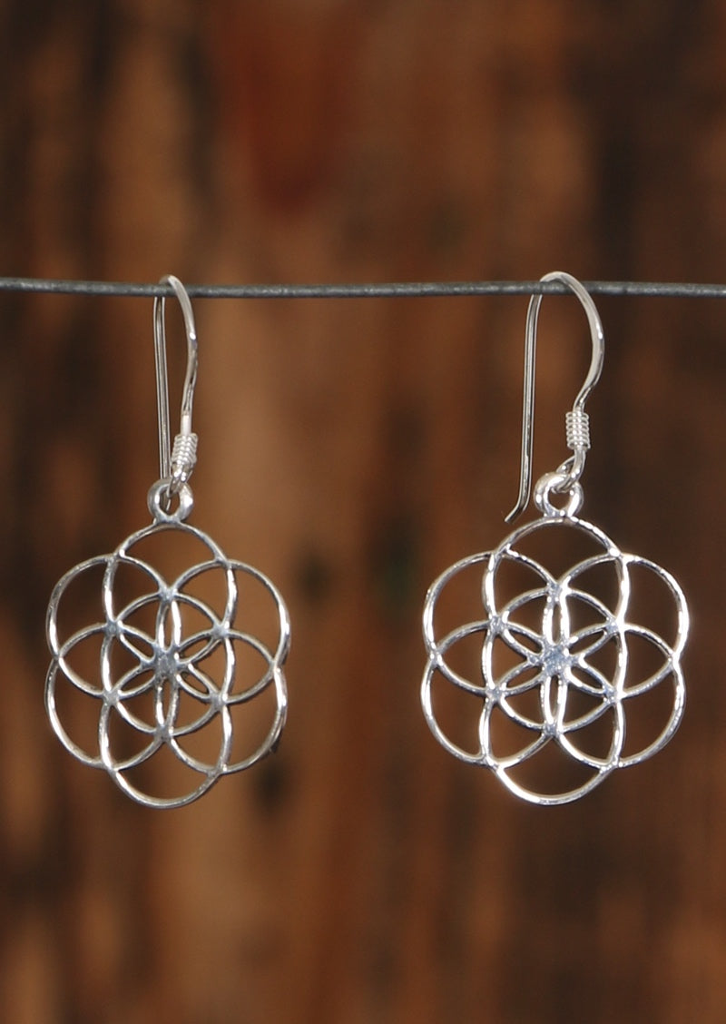 Sterling silver hook earrings with sacred geometry of seven circles