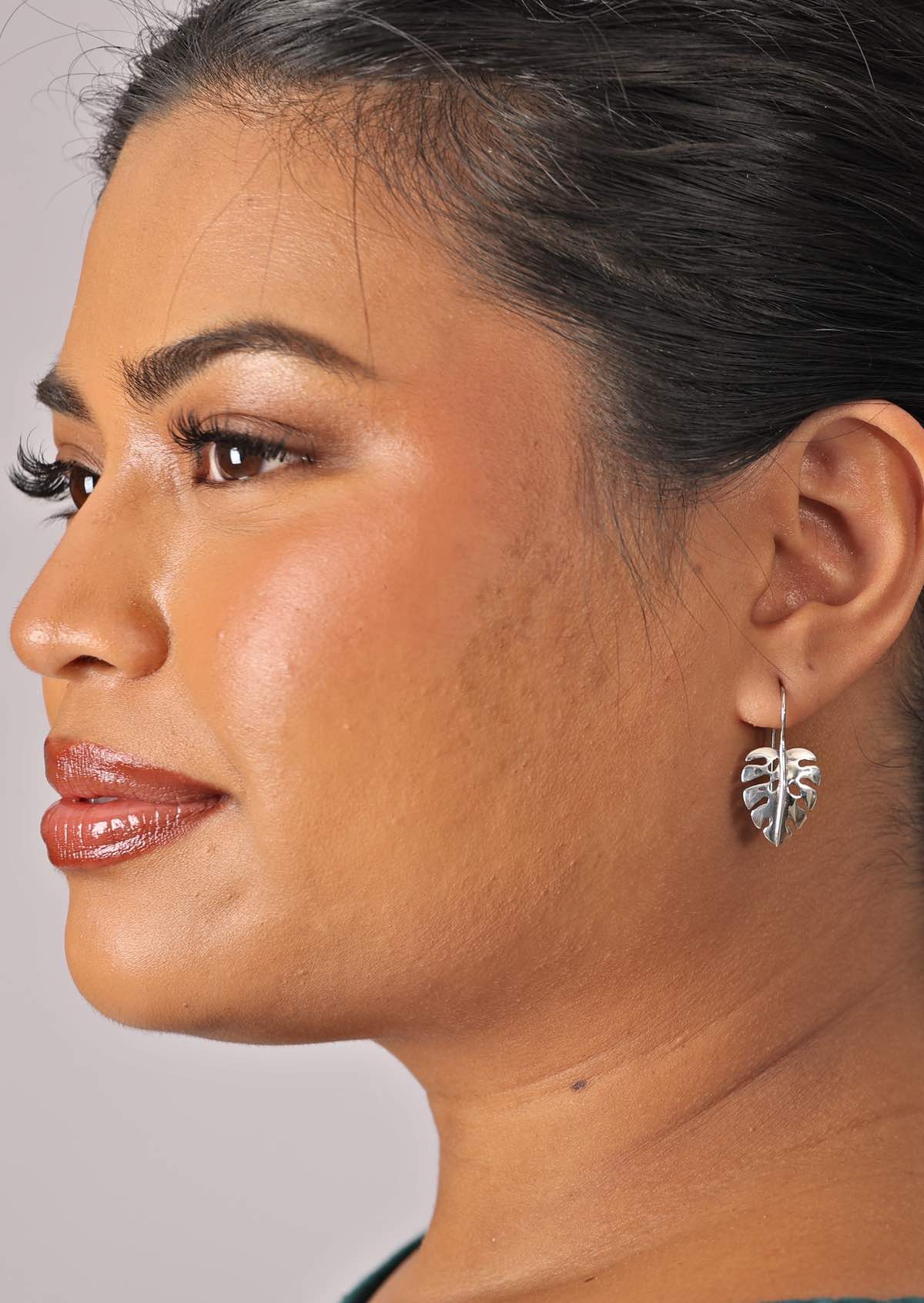 Sterling silver Monstera leaf earrings with a fixed hook
