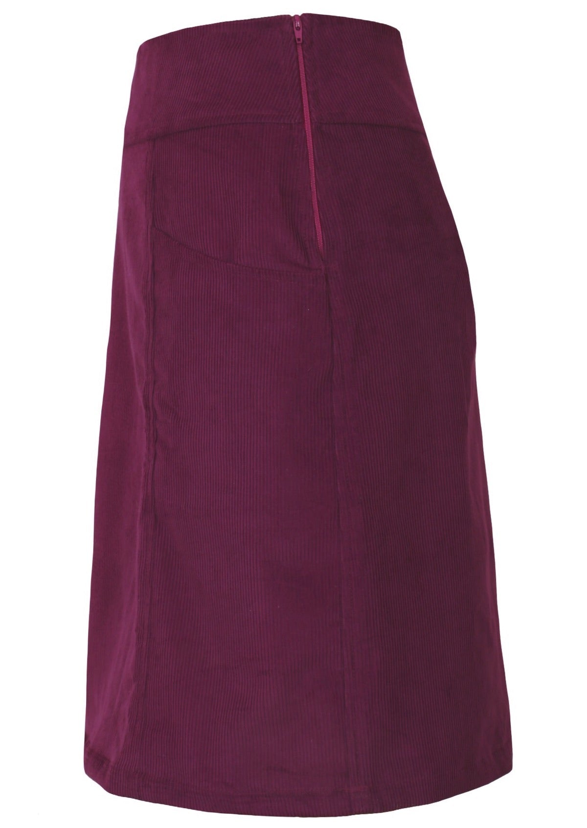 Side mannequin photo of plum purple cotton corduroy knee length A-line skirt with pockets and side zip