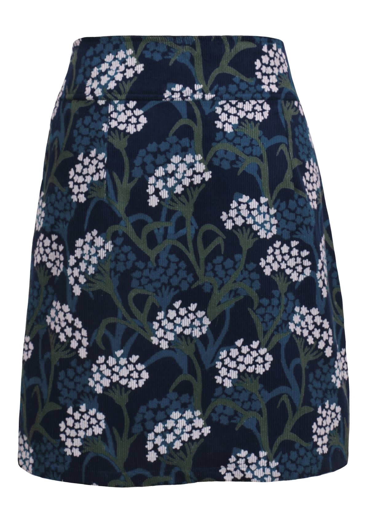 Floral corduroy mid length skirt featuring a hidden side zip