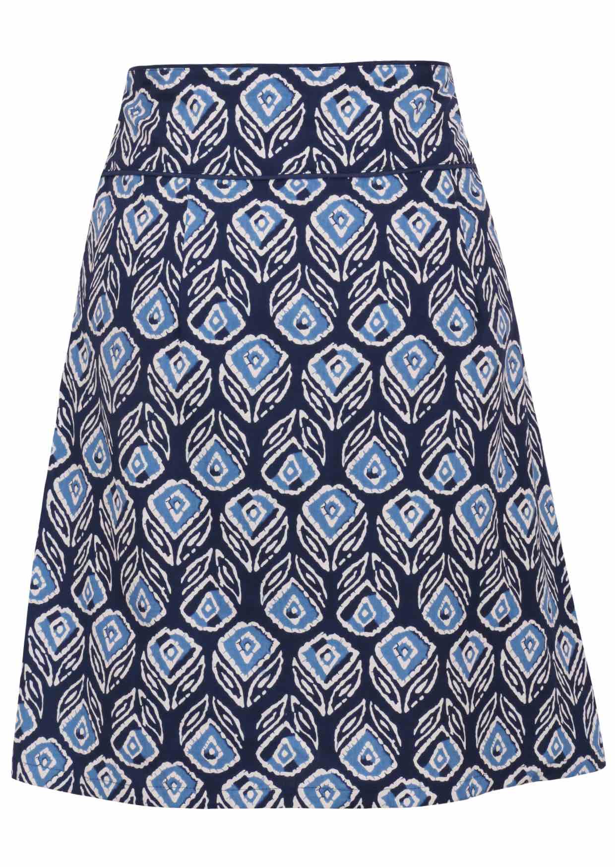 Back image of a above knee length navy cotton skirt with piped detailing, pockets and a side zipper