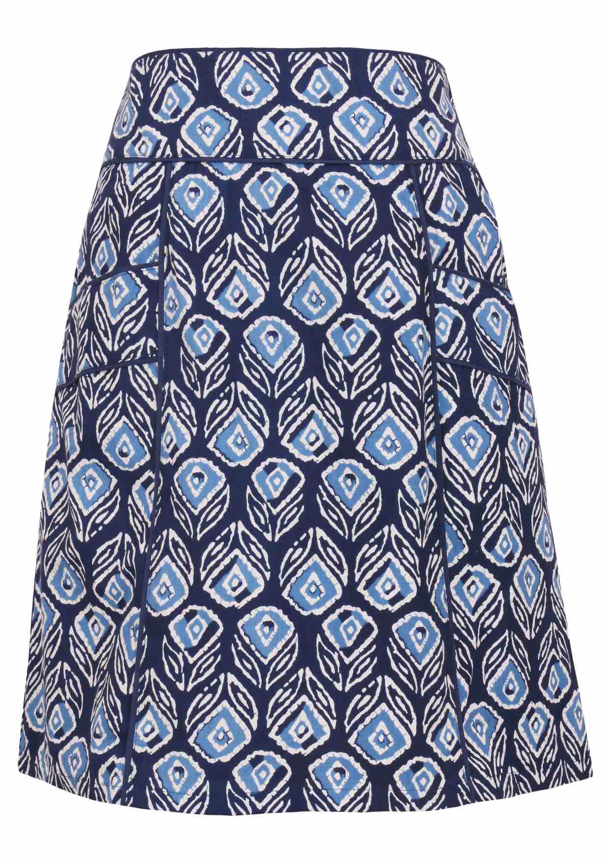 100% cotton above knee A-line skirt with piped details, pockets and hidden side zip in navy based floral print