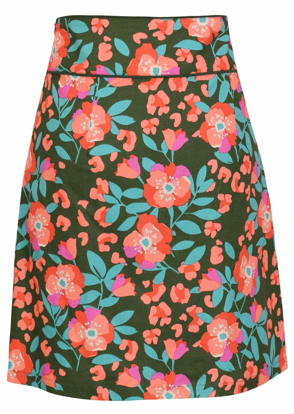 Back image of a above knee length olive green cotton skirt with piped detailing, pockets and a side zipper