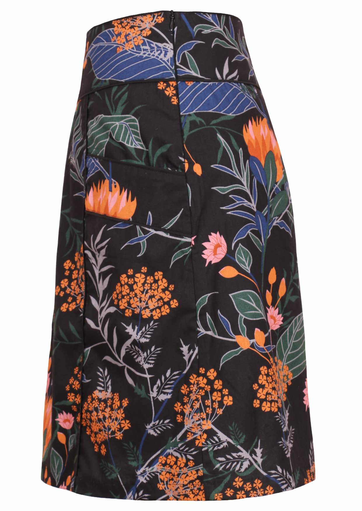 Side image of black botanical print, A line cotton skirt with wide piped waistband, pockets and hidden side zipper
