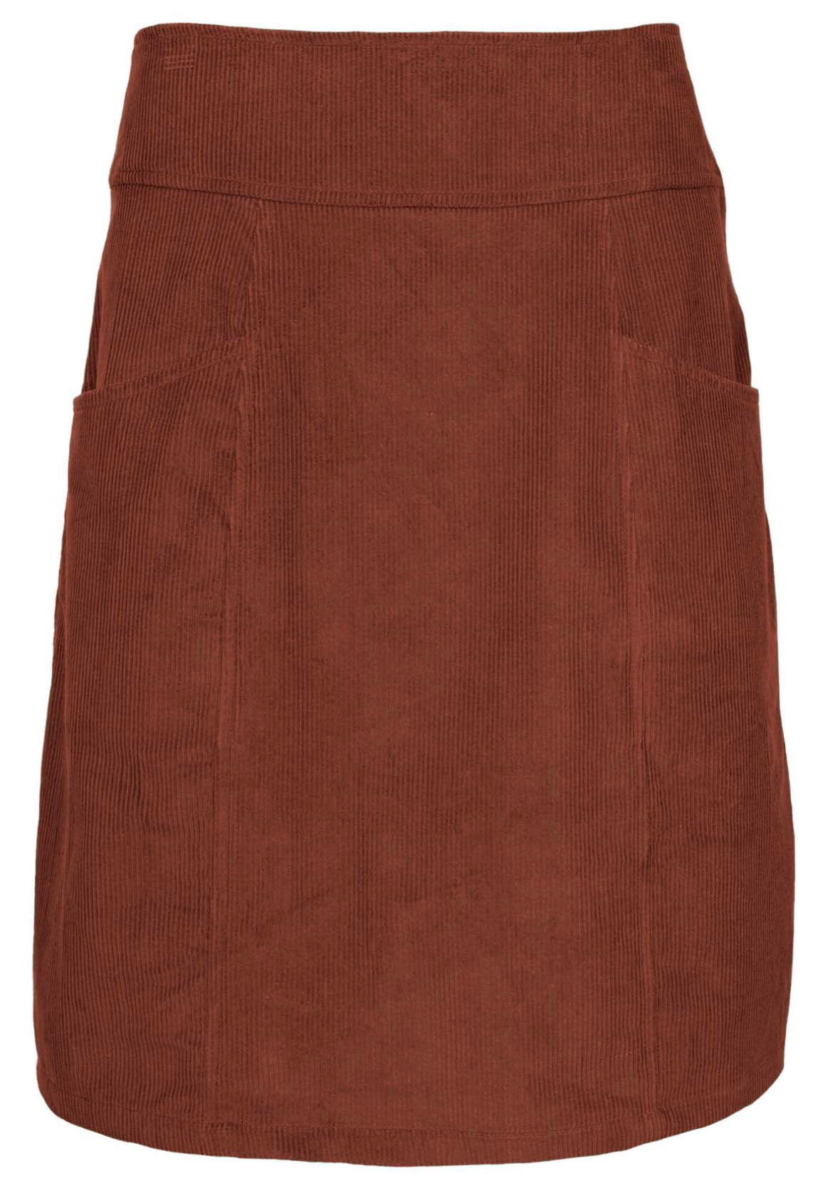 Front mannequin photo of burnt henna cotton corduroy knee length A-line skirt with pockets
