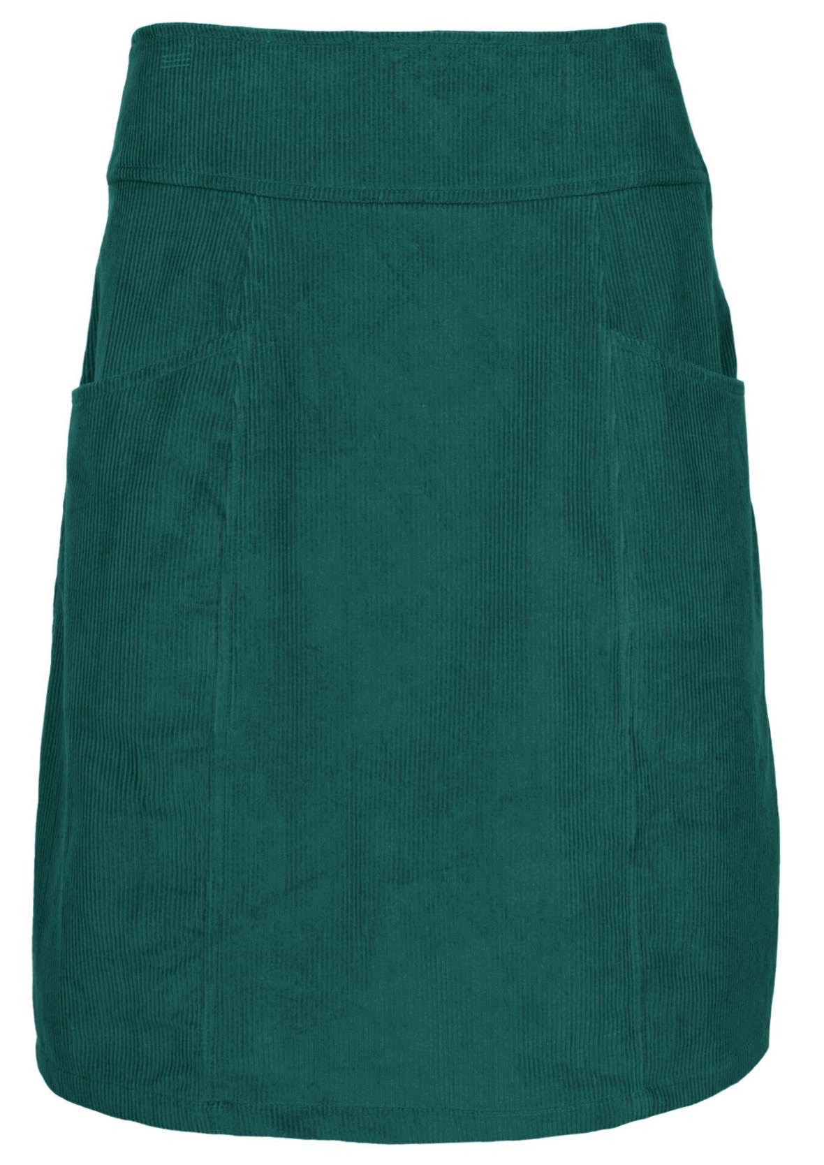 Front mannequin photo of teal cotton corduroy knee length A-line skirt with pockets