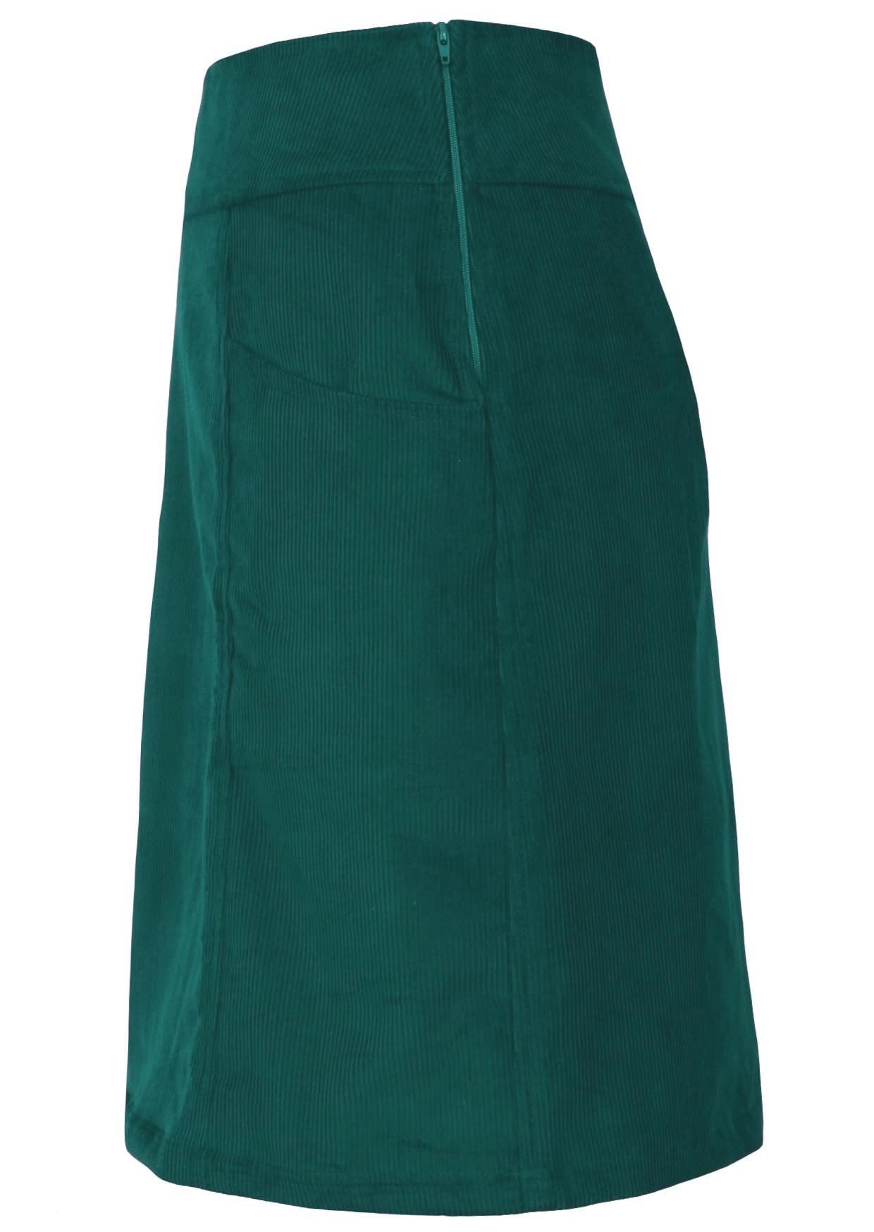 Side mannequin photo of teal cotton corduroy knee length A-line skirt with pockets and side zip