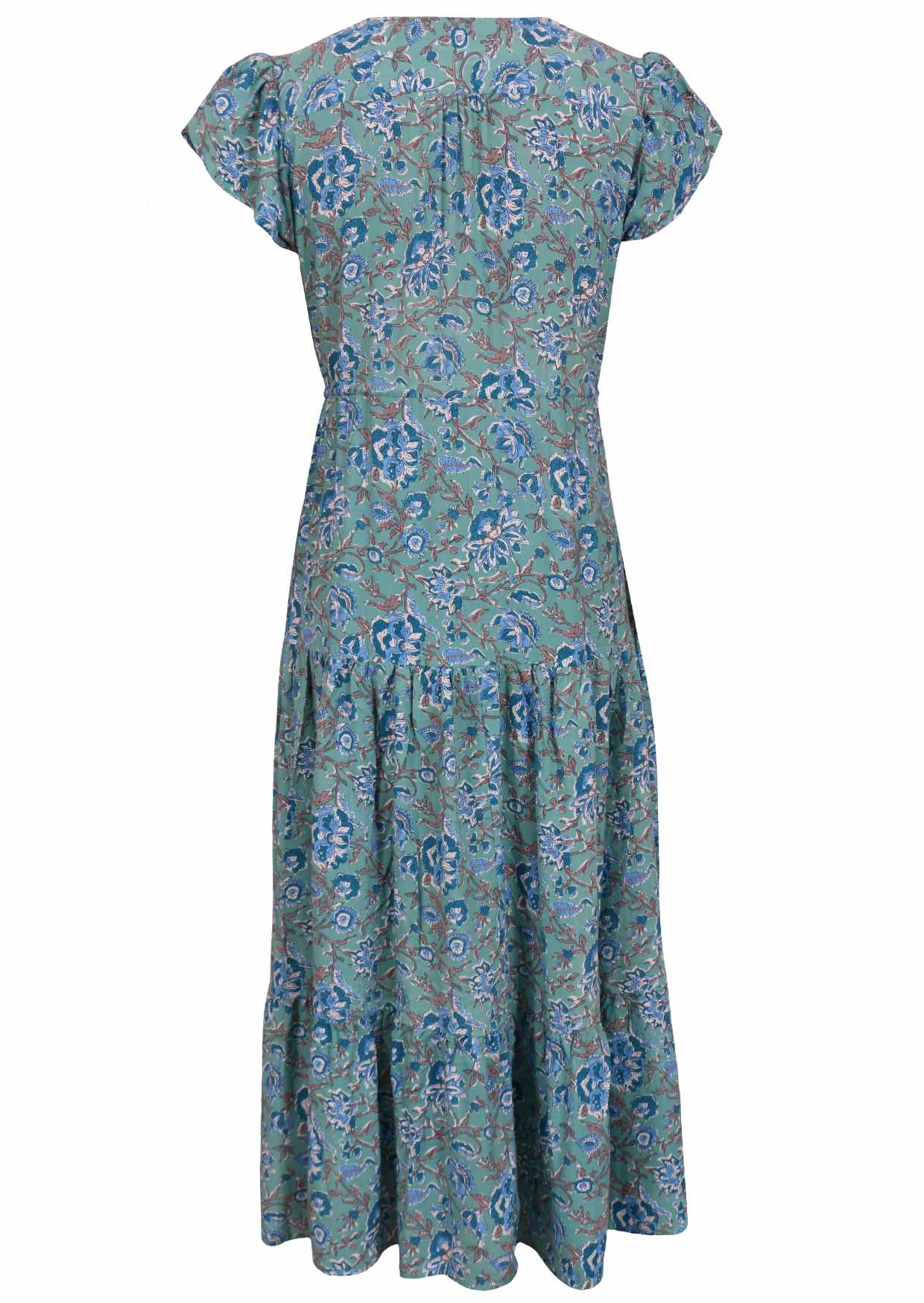Blue floral print on aqua base rayon dress with generous, tiered skirt and cap sleeves