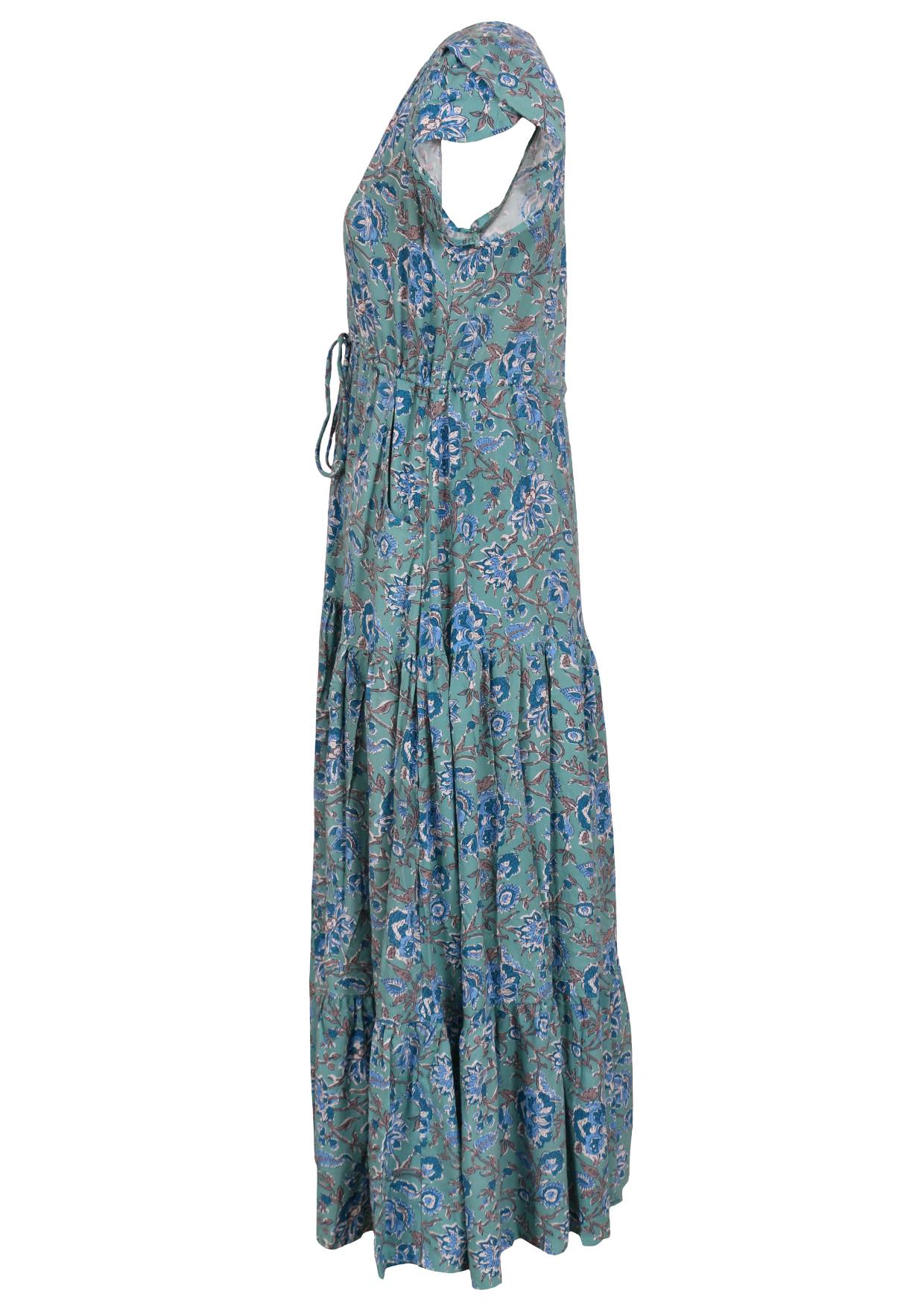 Blue floral print on aqua base rayon dress with generous skirt, tulip cap sleeves and drawstring