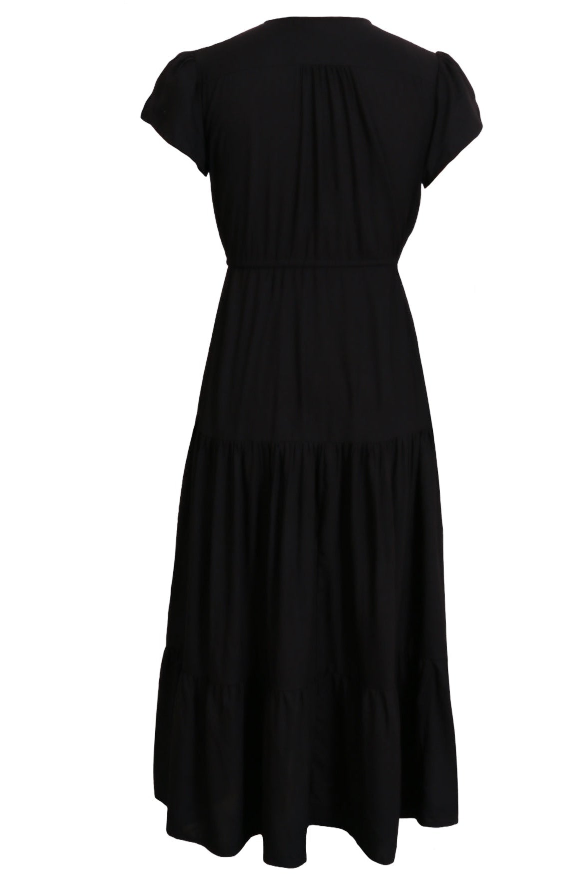 Back mannequin pic of black rayon maxi dress with tulip sleeves and voluminous, tiered skirt