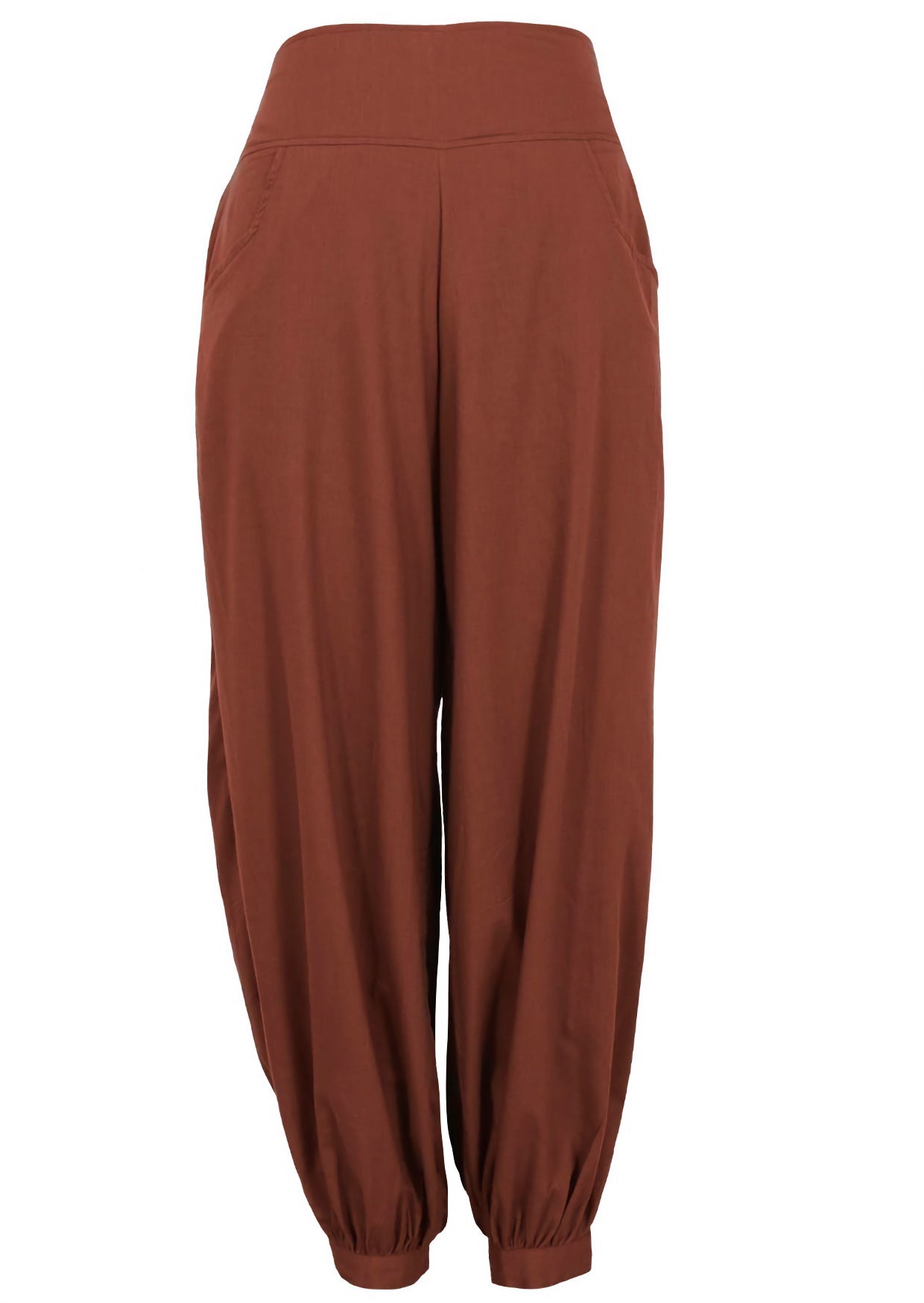 Relaxed fit cotton pants in rust shade with buttoned cuffed ankles, pockets and elastic waist