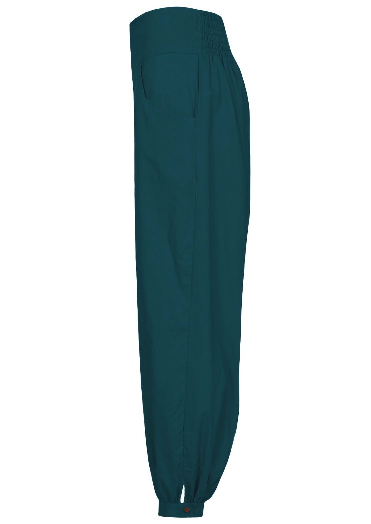 Side view of relaxed fit cotton pants with shirring at back of the waist, pockets and cuffed ankles with buttons