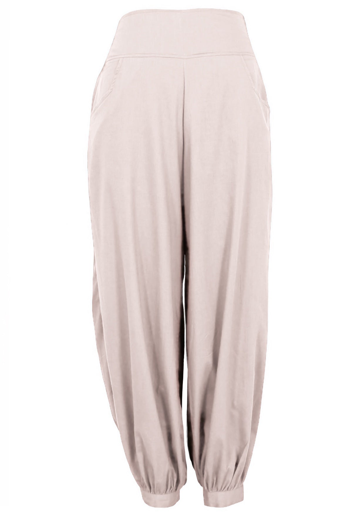 Lightweight 100% cotton pull-on harem pant with pockets, elastic waist and cuffed ankles in natural white