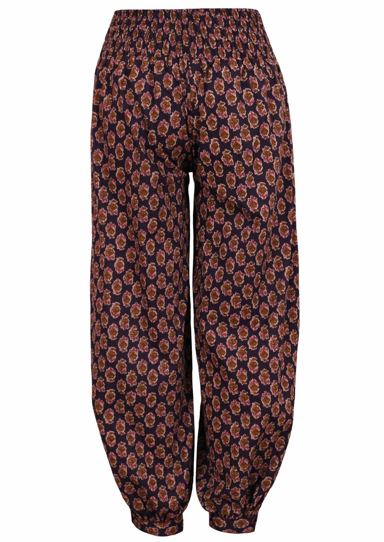 Cotton harem pants with wide elasticated waistband, cuffed ankles and shirring across the back.
