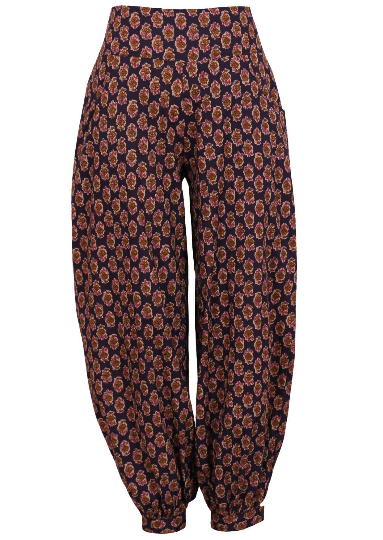 Dark purple cotton harem pants with buttoned ankle, wide flat front waistband and pockets.