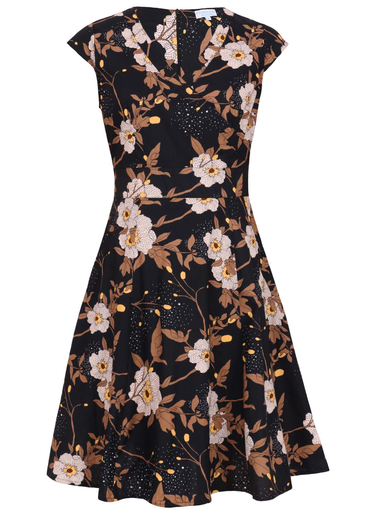 V-neck cotton dress with print featuring white blooms, tan foliage, and warm buttercup highlights on a black base.