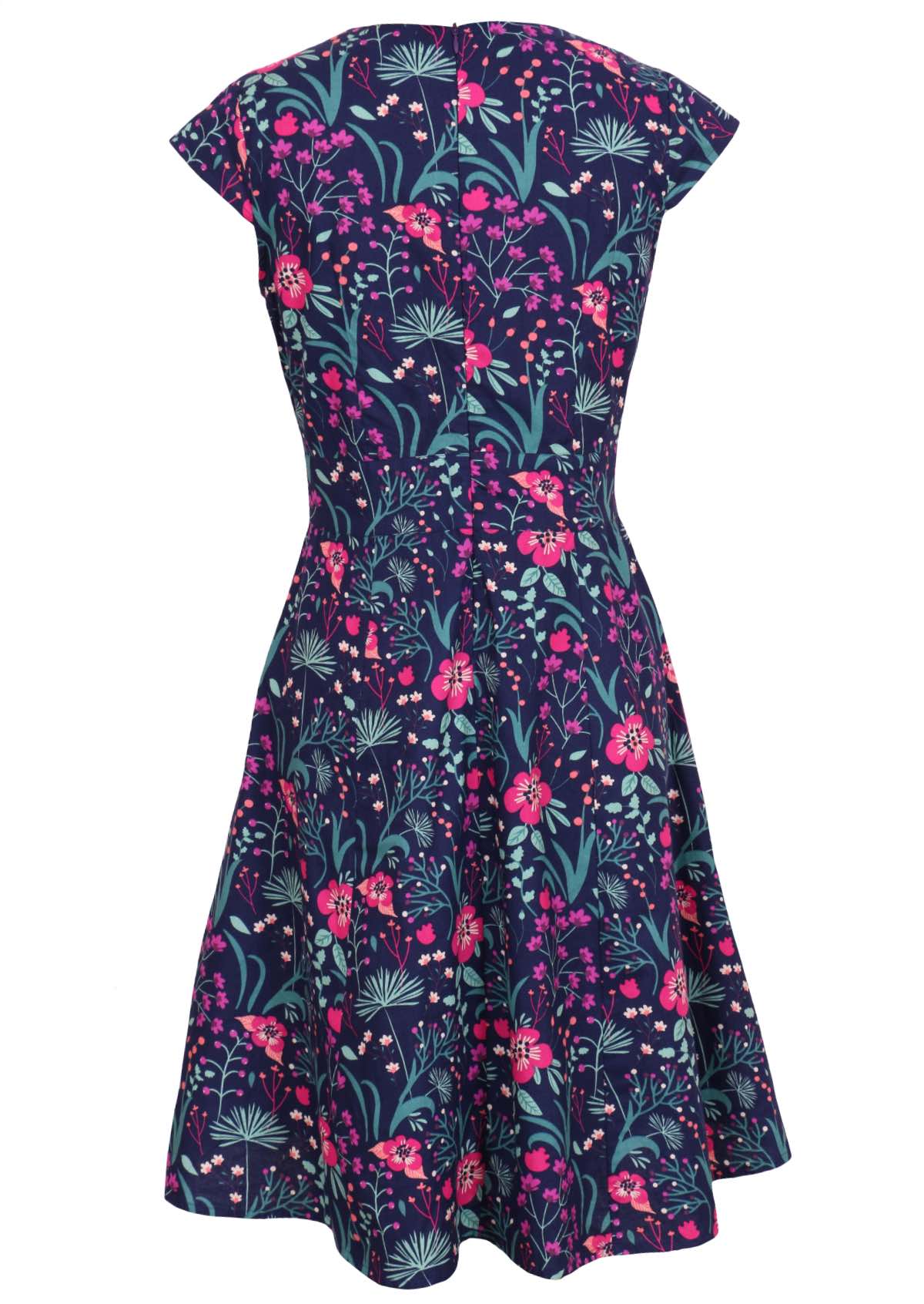 Alice Dress Dianthus back view, retro style 100% cotton navy blue floral