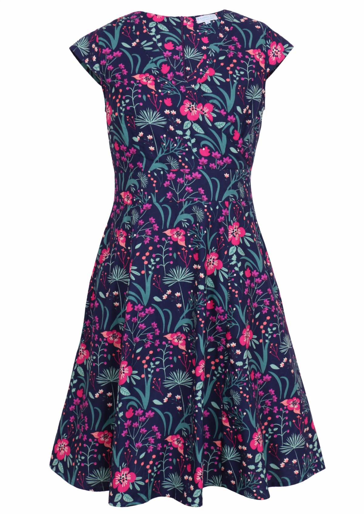 Alice Dress Dianthus front view, retro style 100% cotton navy blue floral with cross over bodice and pockets