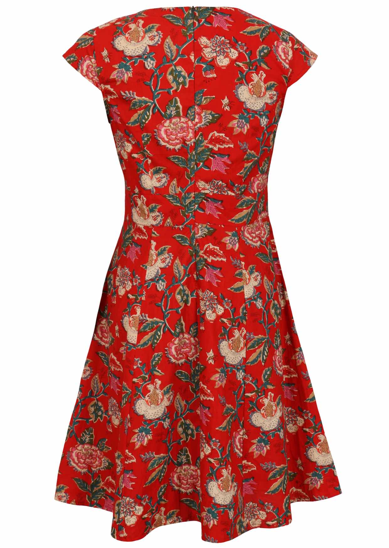 Back view of cap sleeves cotton dress with a bold vine floral print in vibrant multicolours on bright red.