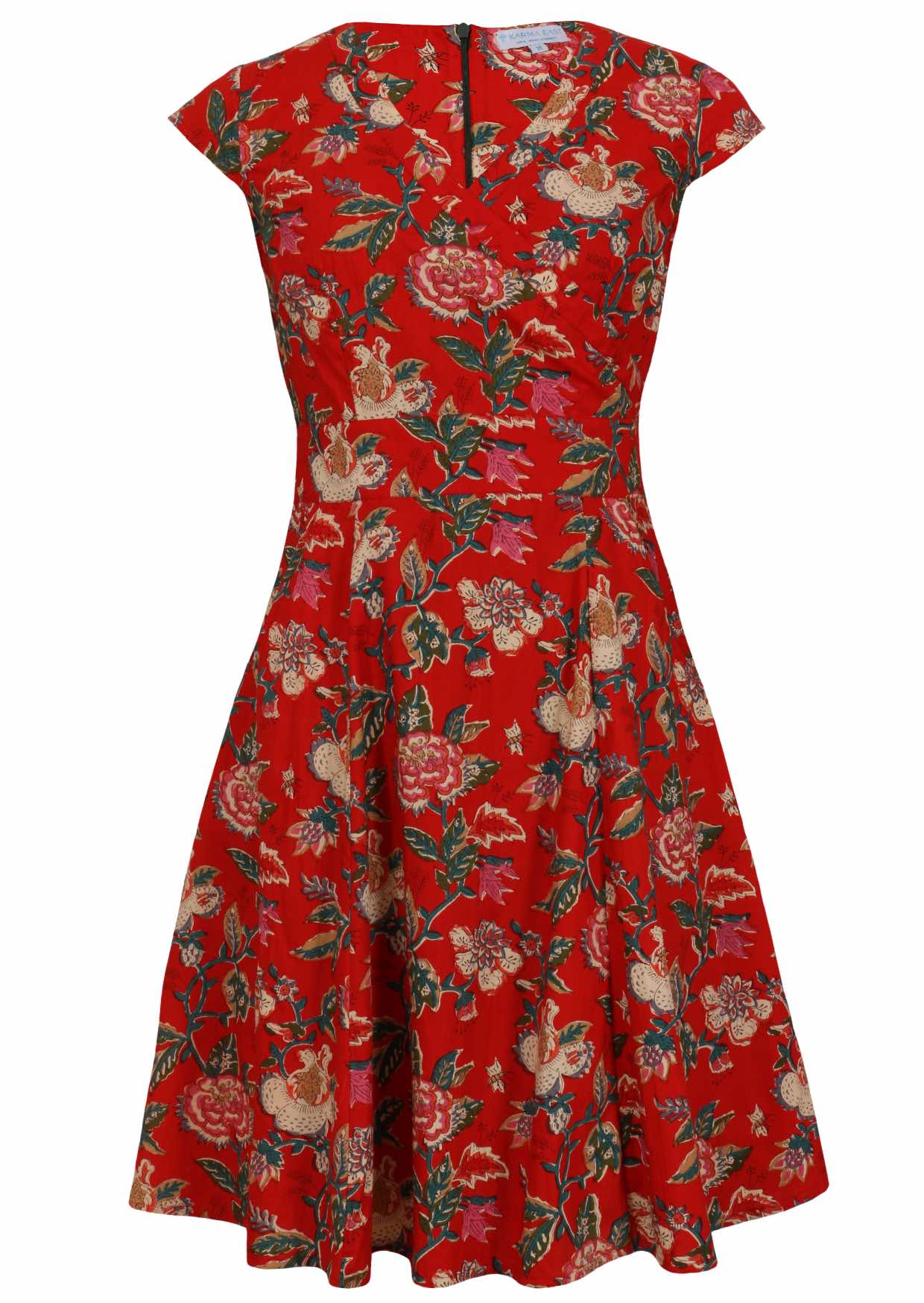 V-neck cotton dress with a bold vine floral print in vibrant multicolours on bright red.