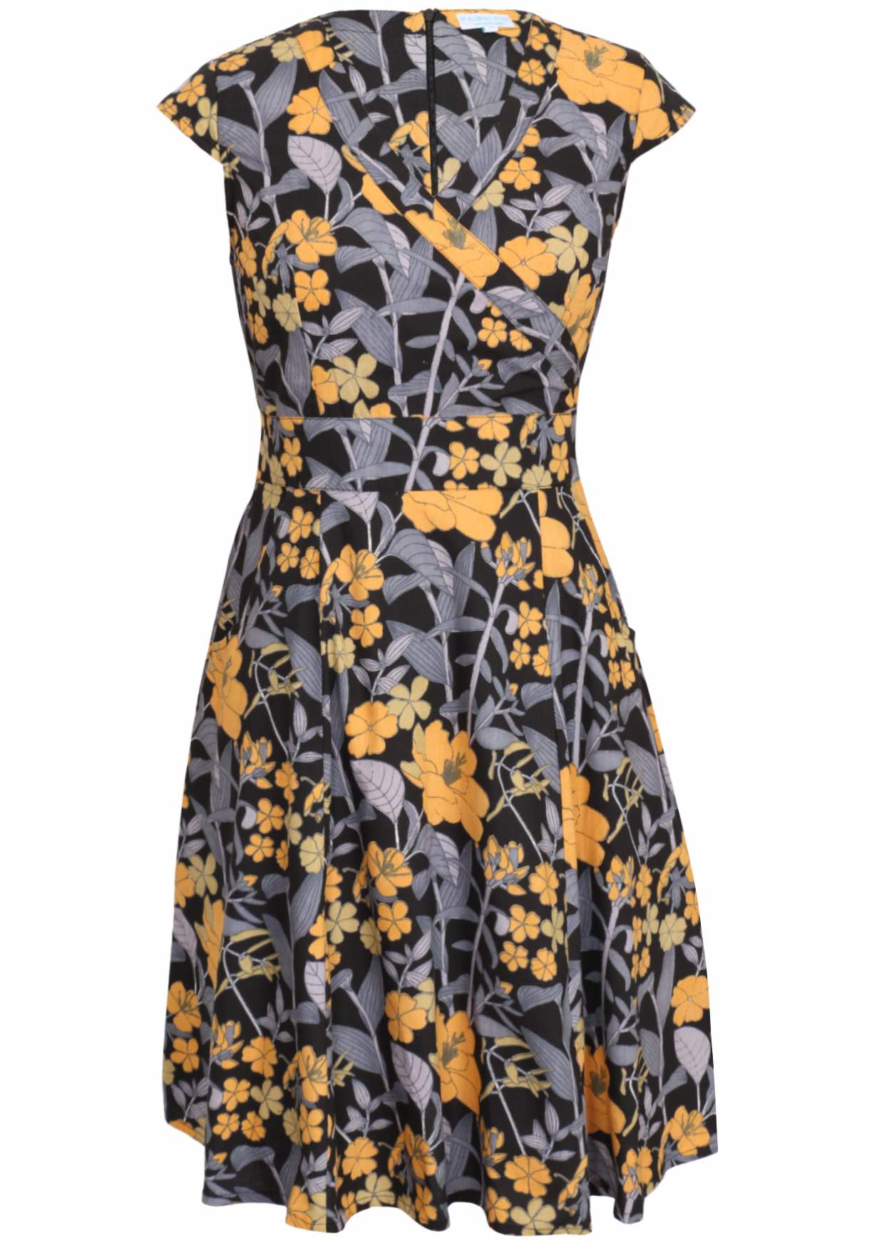 100% Cotton retro style dress with cross-over bodice, cap sleeves and A line skirt with pockets.