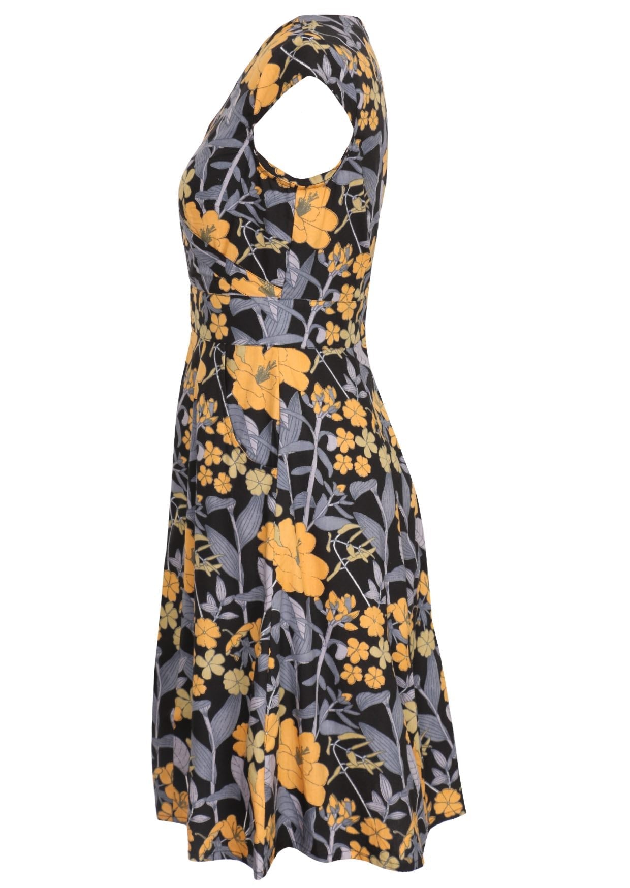 Retro black based cotton dress with yellow, green and grey florals.