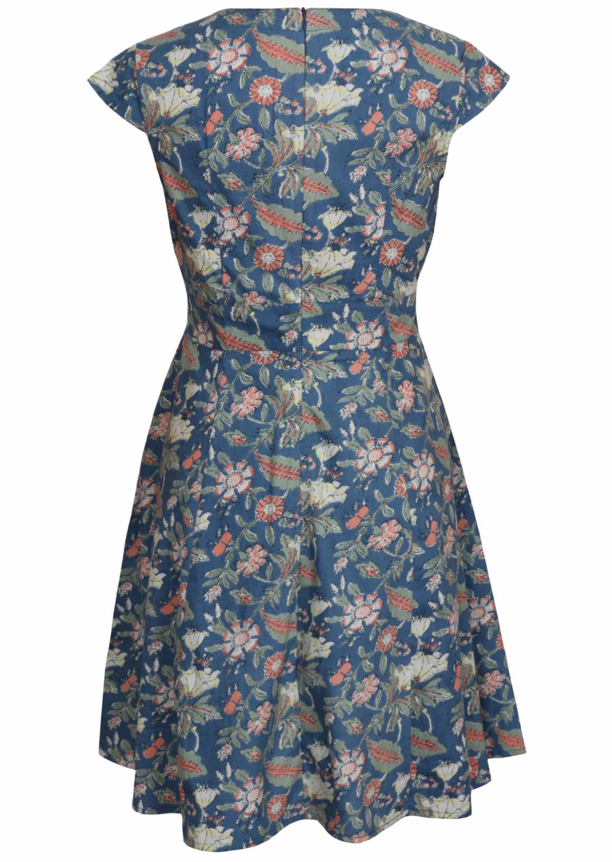 Retro style 100% cotton dusty blue floral dress with cap sleeves and central back zip.