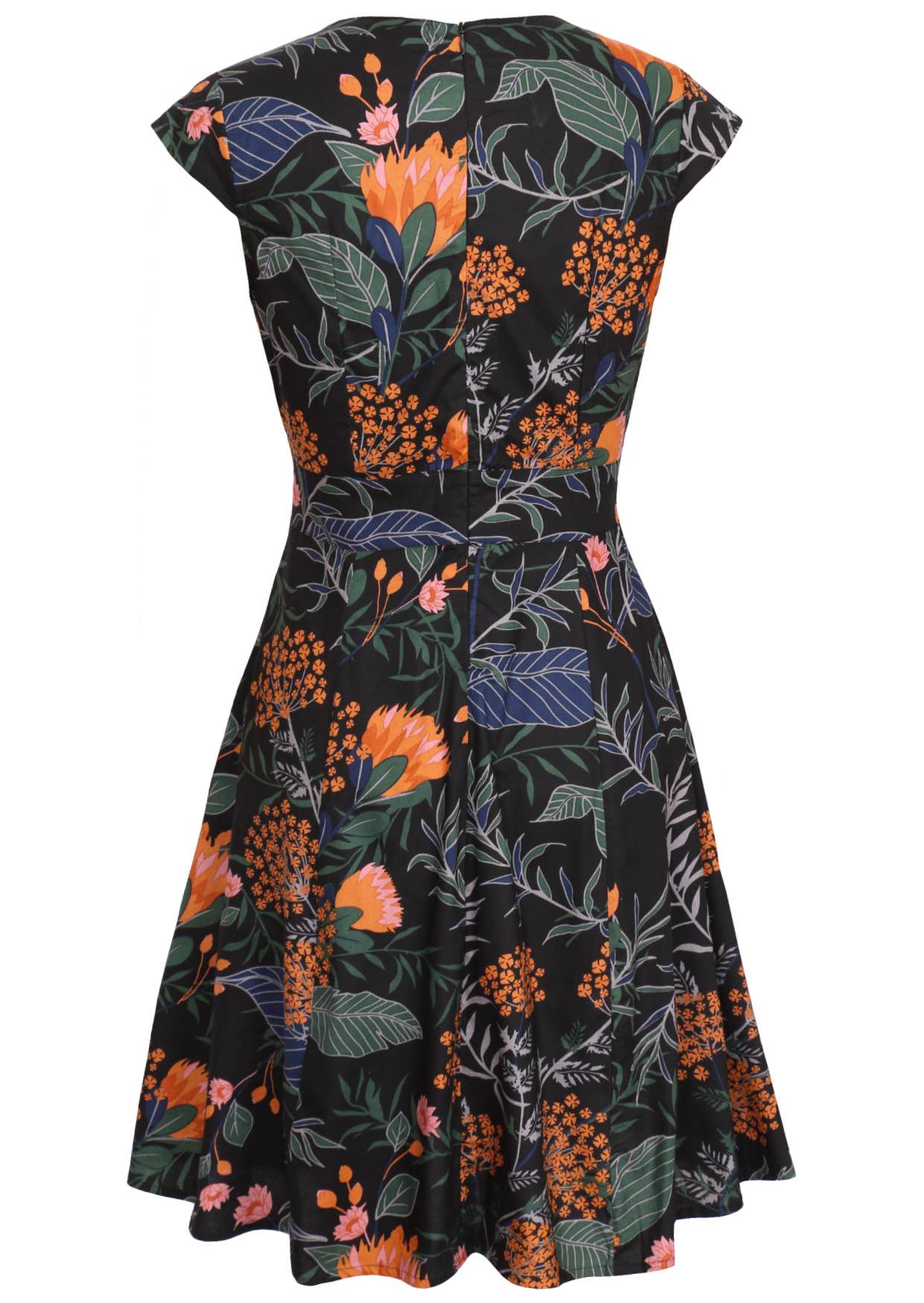 Back view of a floral print retro dress with cap sleeves, fuller skirt and central back zipper.