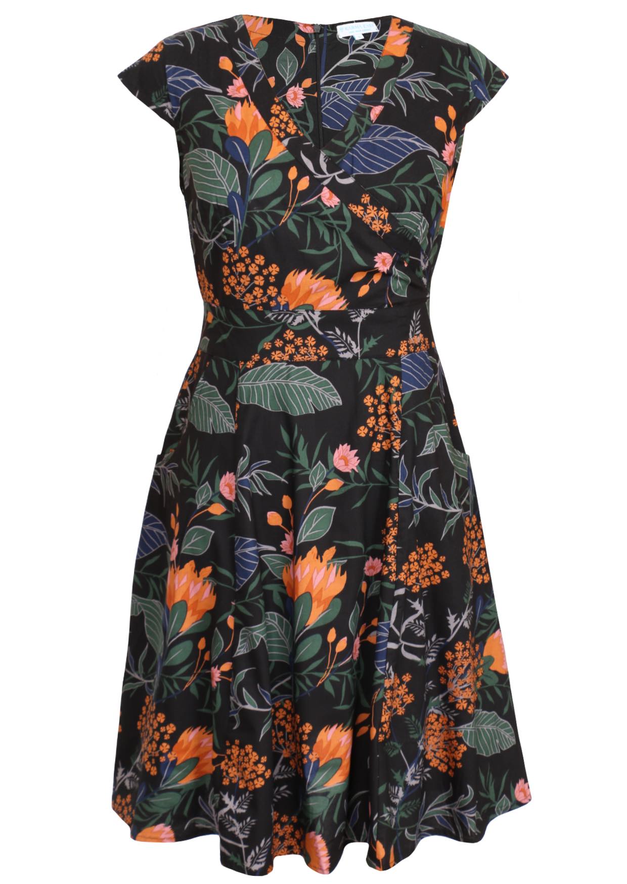 Retro style 100% cotton dress in beautiful botanic print with orange and pink florals.