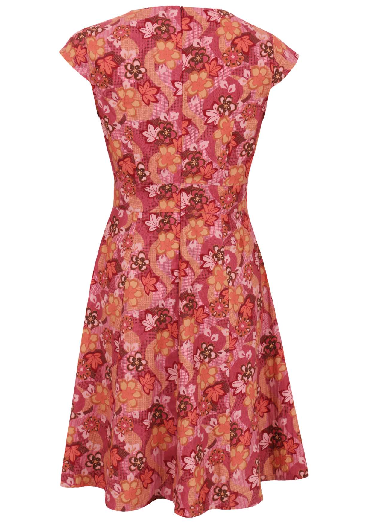 Cap sleeves cotton dress with Japanese-style print in pink, maroon, brown, peach, and khaki tones.