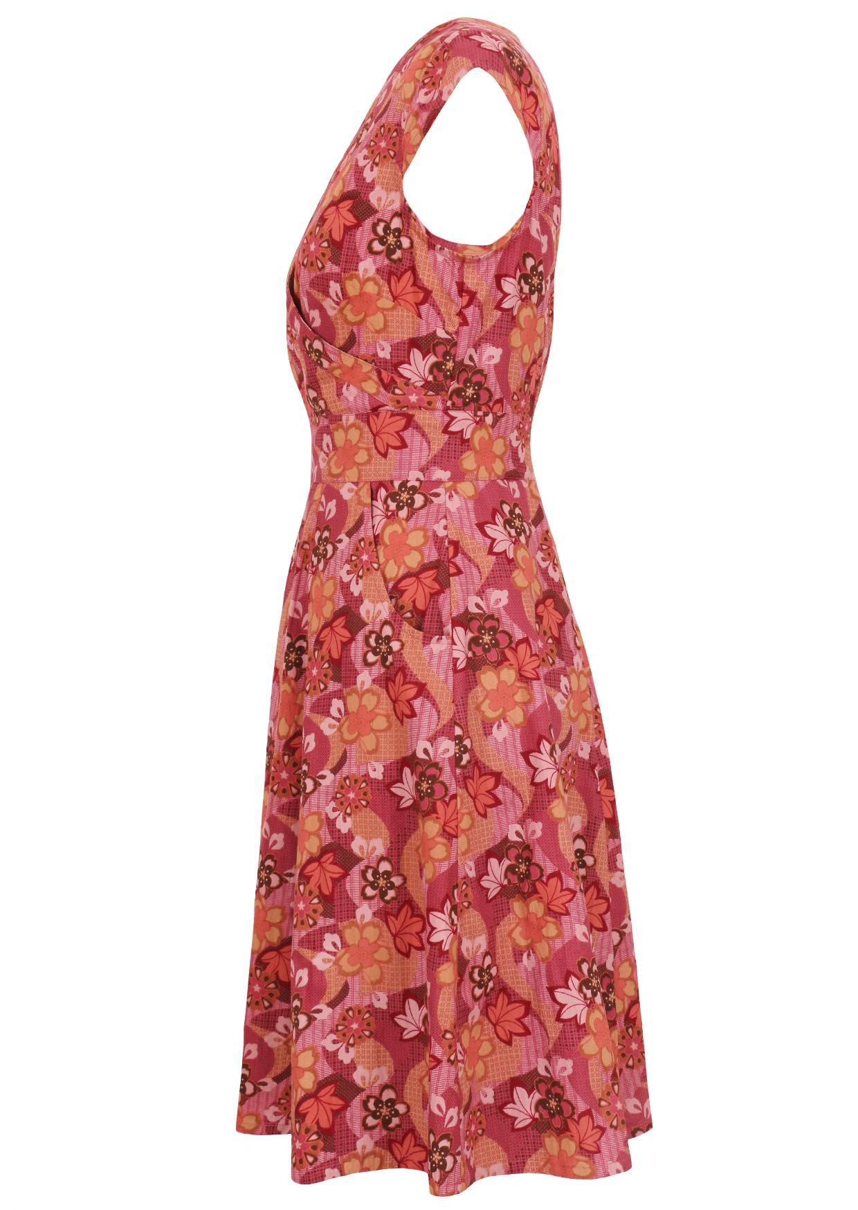 100% cotton dress with Japanese-style print in pink, maroon, brown, peach, and khaki tones.