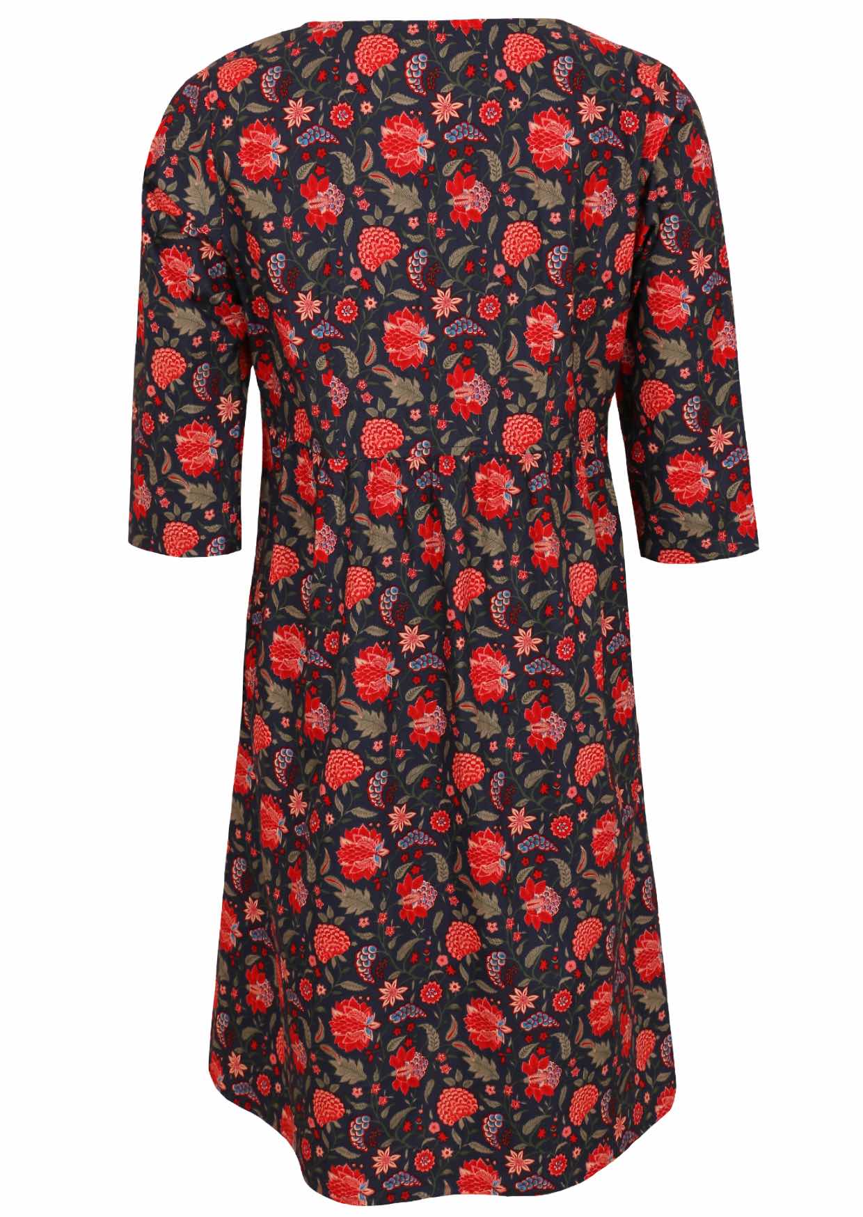 Cotton 3/4 sleeve, over the knee length dress in a red and green floral print on a blue base