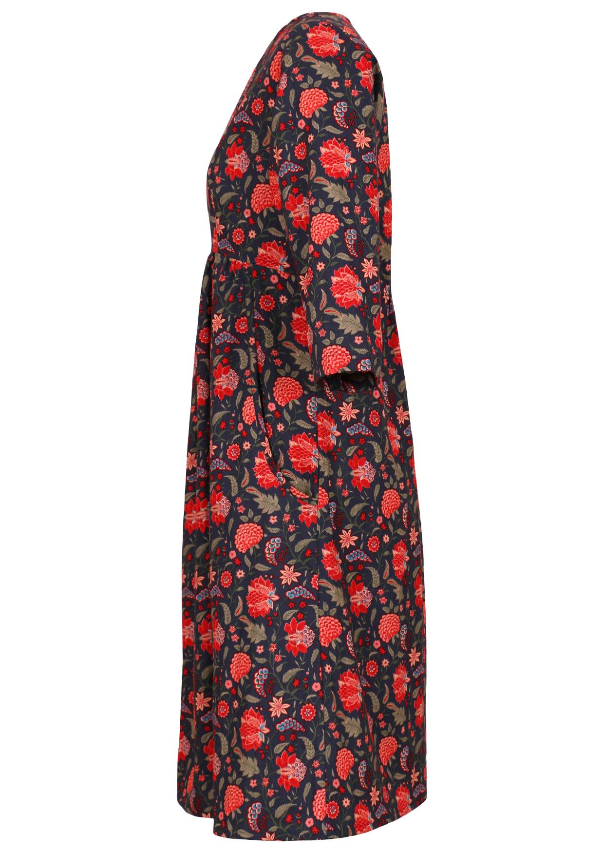 Cotton 3/4 sleeve V-neckline dress in a red and green floral print on a blue base