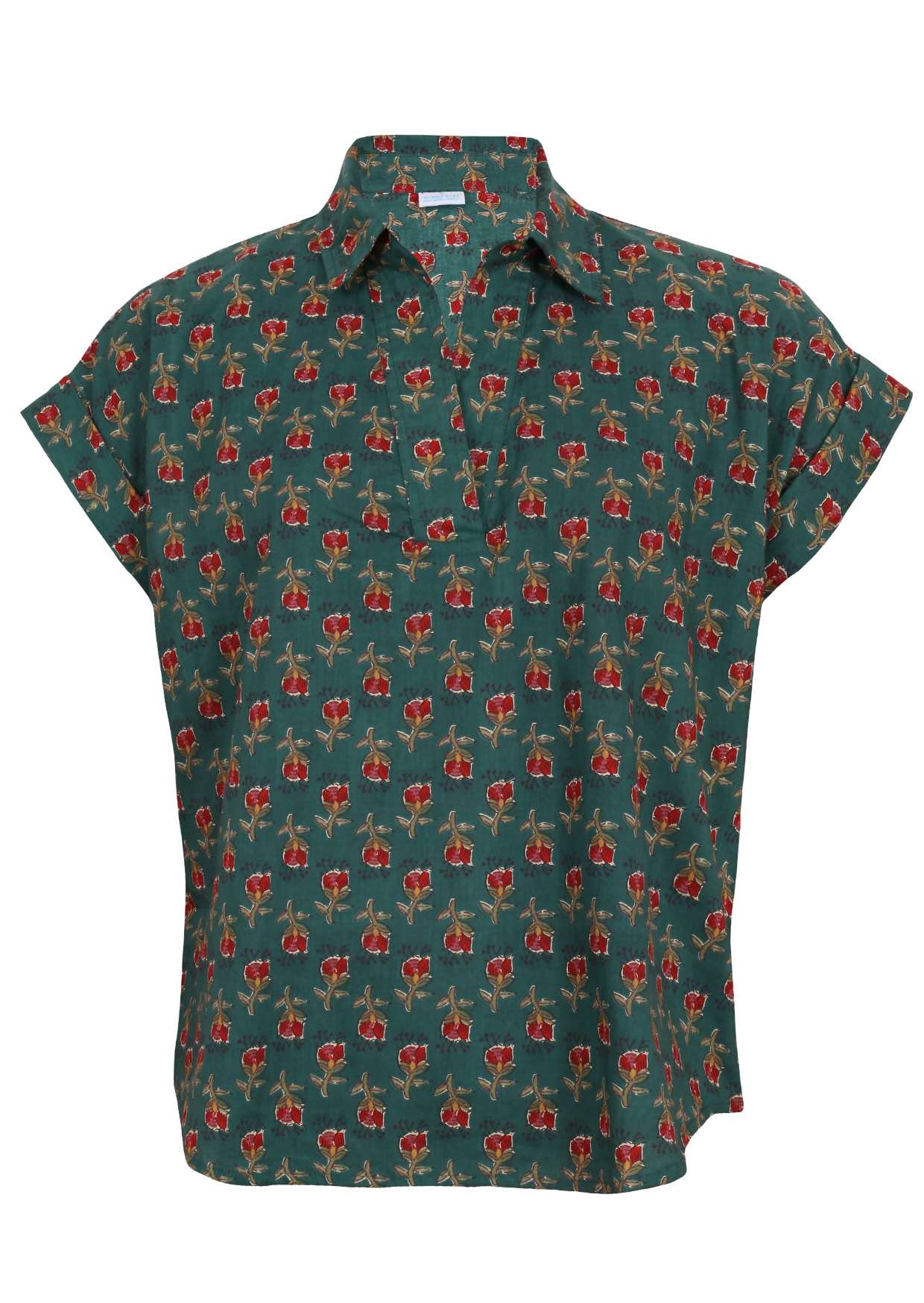 100% cotton floral printed relaxed fit cotton top with collar and short folded cuff sleeves