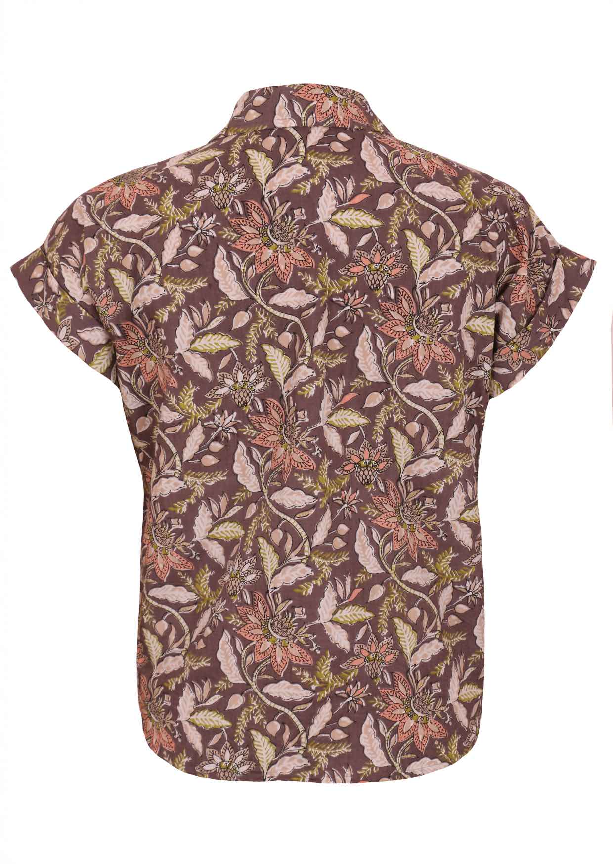 Loose fit 100% cotton top with collar in taupe based floral print