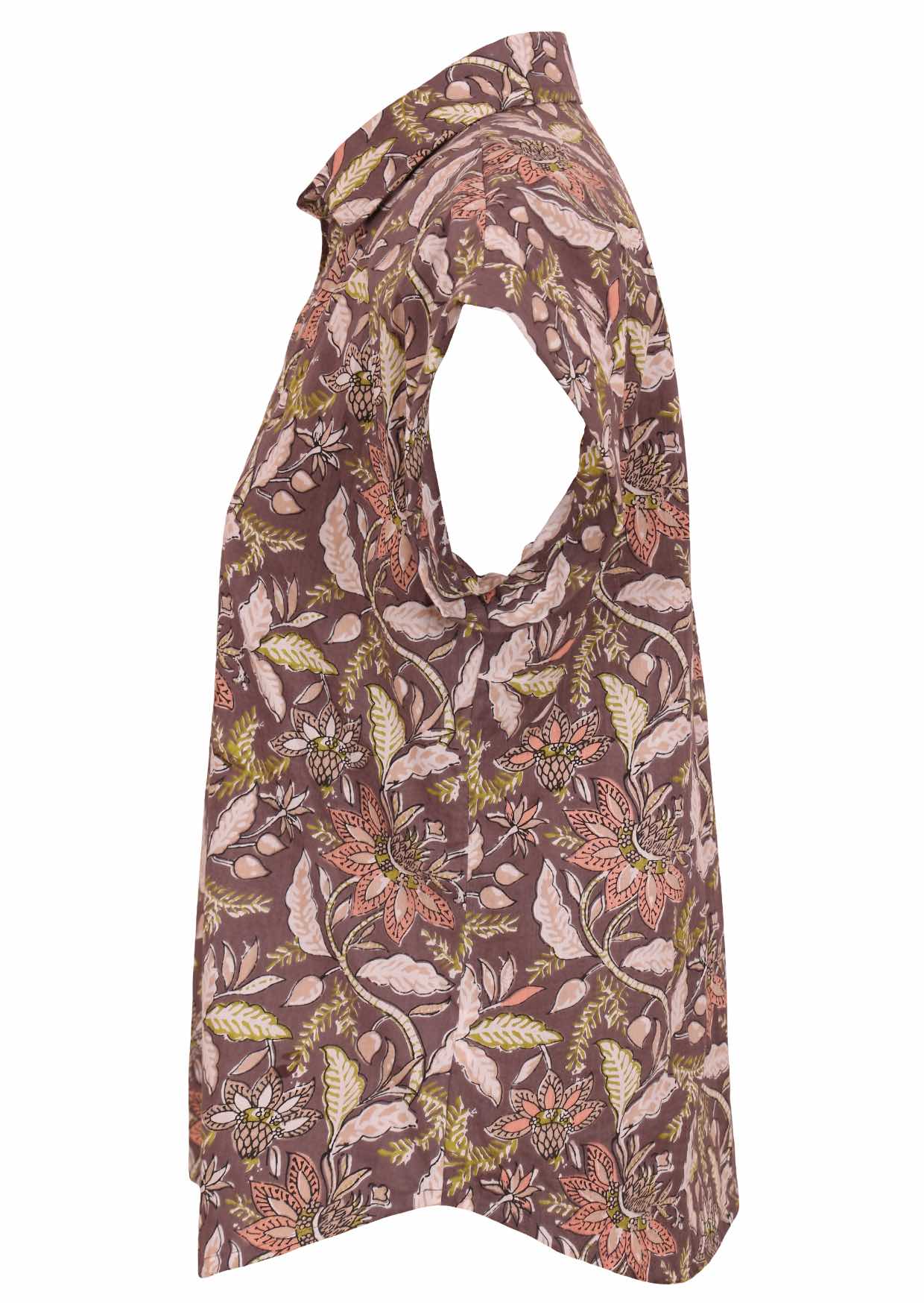 Light brown based floral cotton top with collar and short folded sleeves