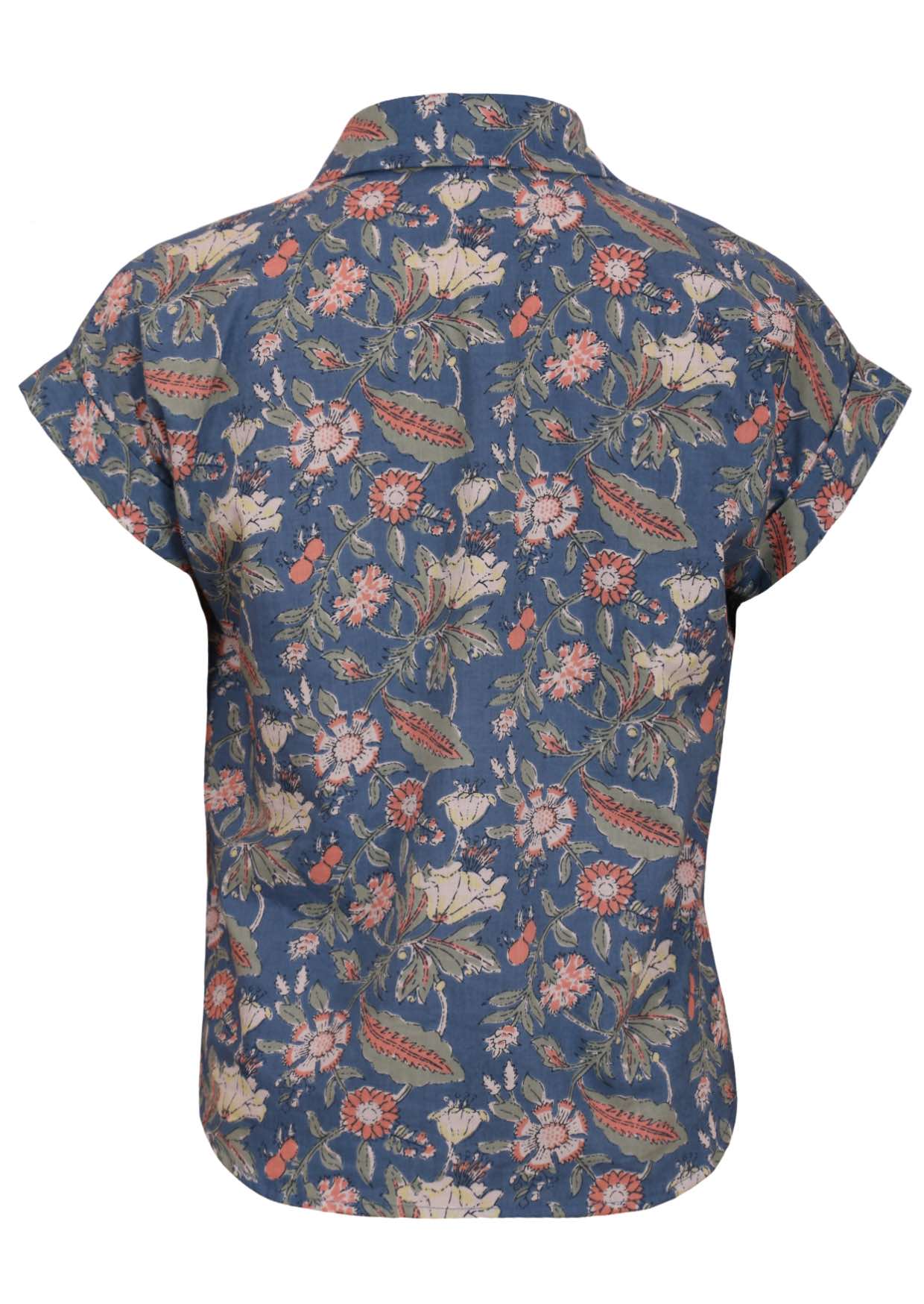 Lightweight 100% cotton top in dusty blue with V neckline, collar and short folded sleeves