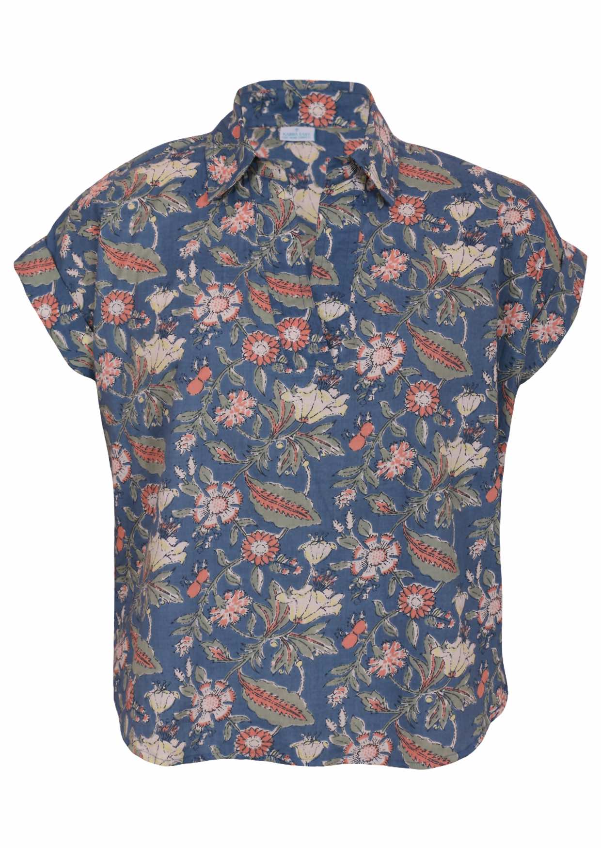 100% cotton sweet floral printed relaxed fit cotton top with collar and short folded cuff sleeves