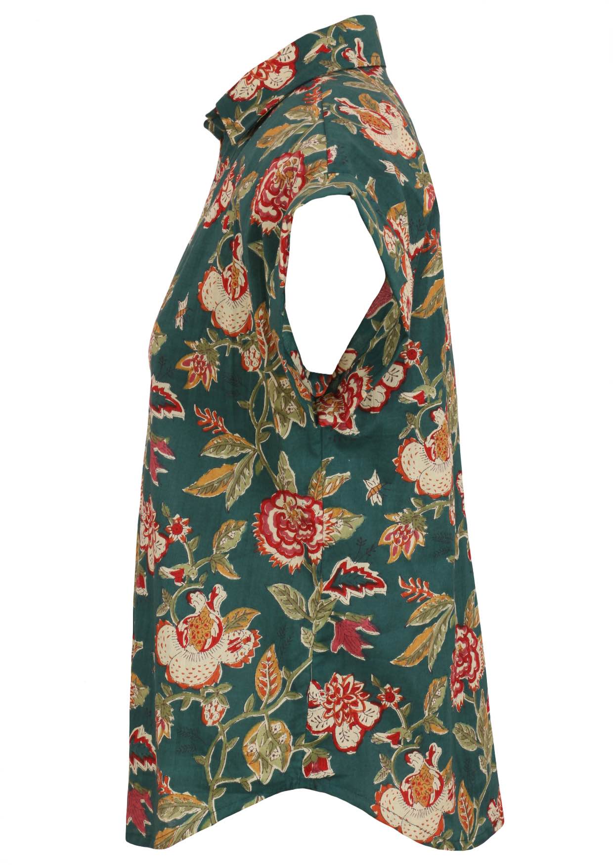 Side view of loose fit shirt style cotton top with collar in bottle green based floral print