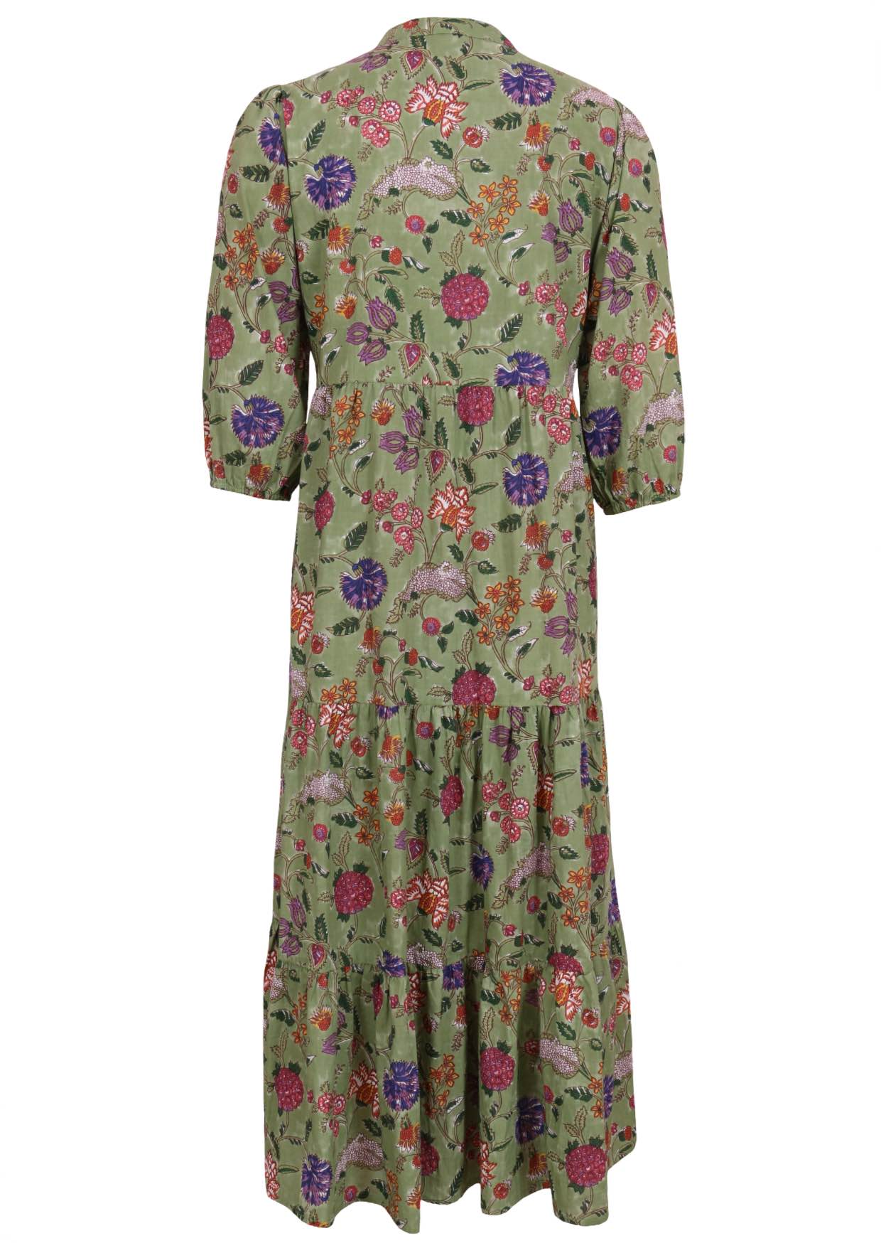 Green based multi-coloured folk style floral print, 3/4 sleeve cotton dress.