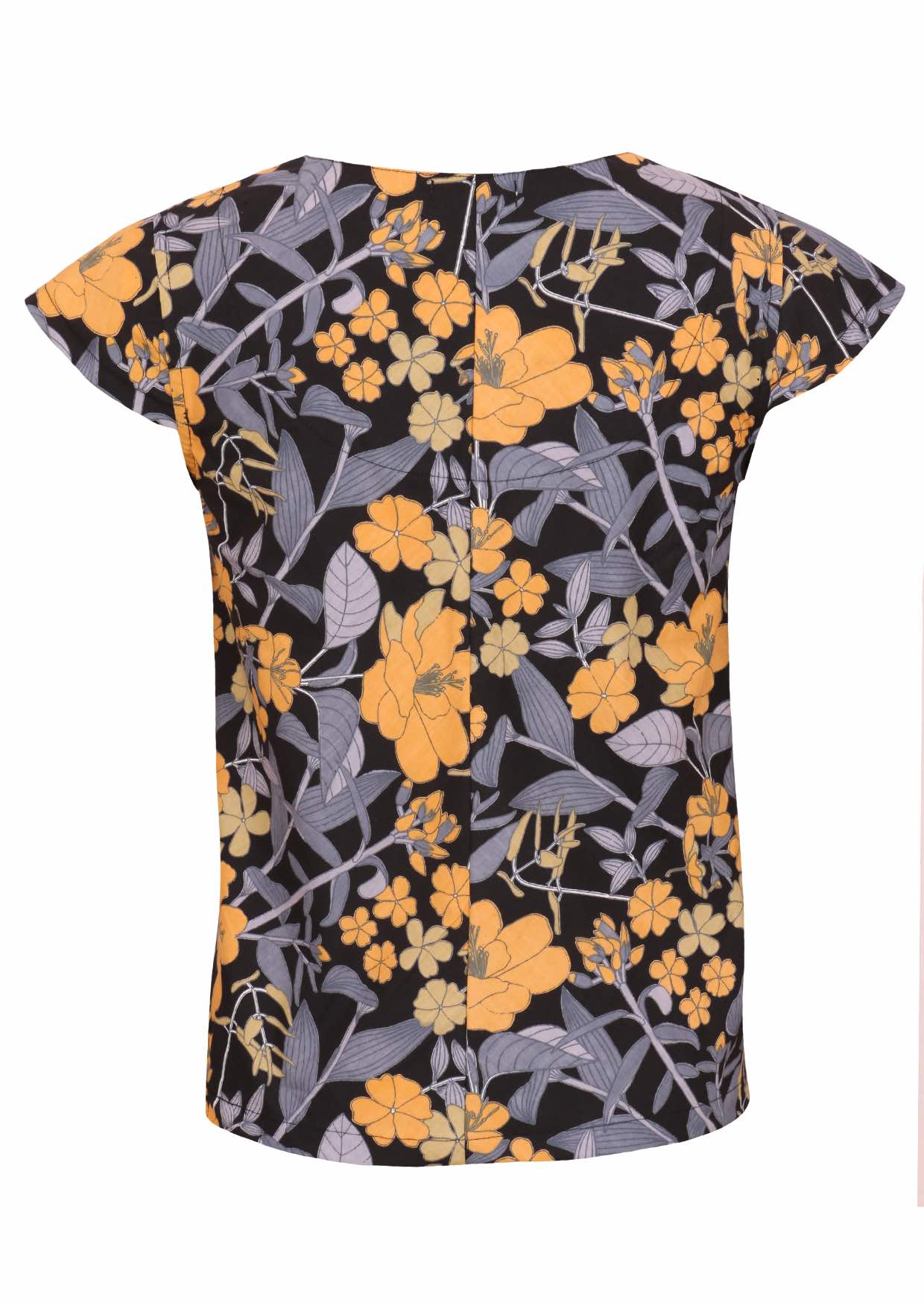 Back view of 100% cotton tailored top with cap sleeves, round neckline and center back seam