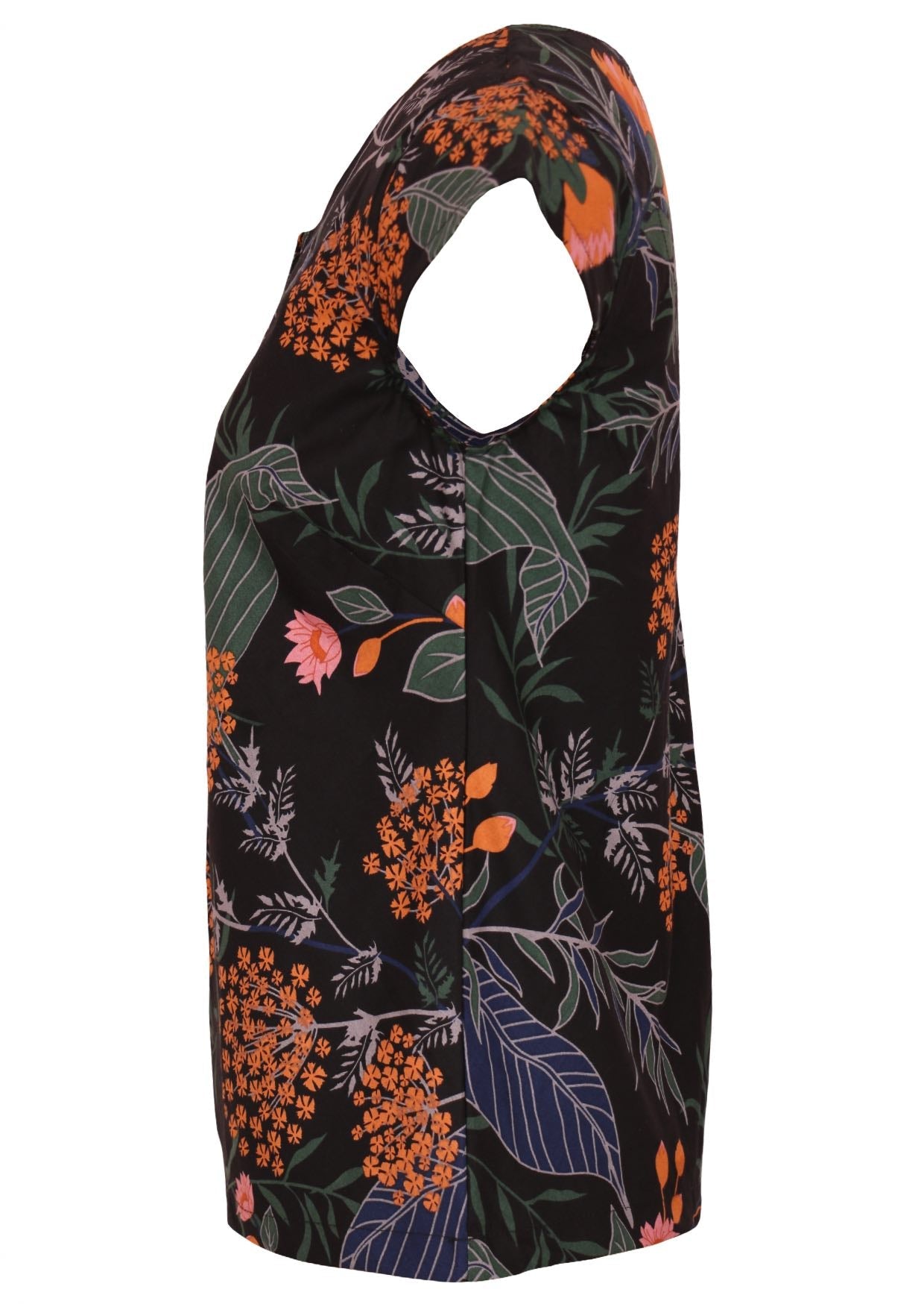Side view of cotton tailored top with cap sleeves in beautiful floral print on black base