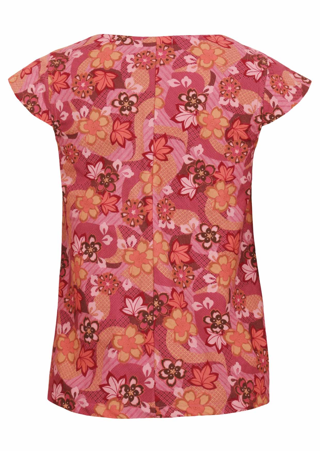 100% cotton top with Japanese-style print in pink, maroon, brown, peach, and khaki.