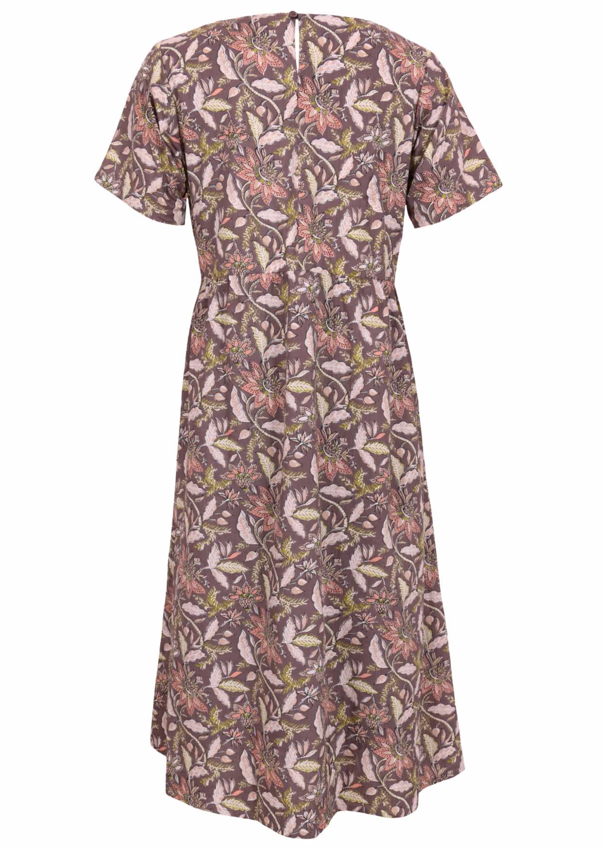 Back view of lightweight relaxed fit cotton dress with short sleeves and keyhole button back closure