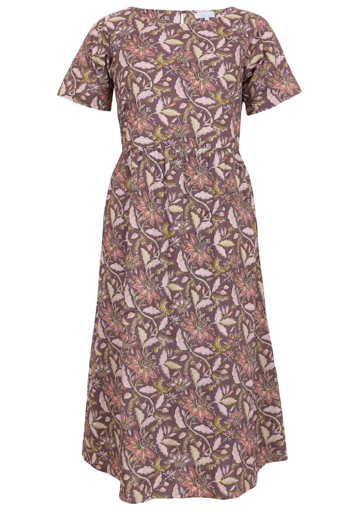 100% cotton mid-length cotton dress with boat neckline, short sleeves and pockets in light brown based floral print