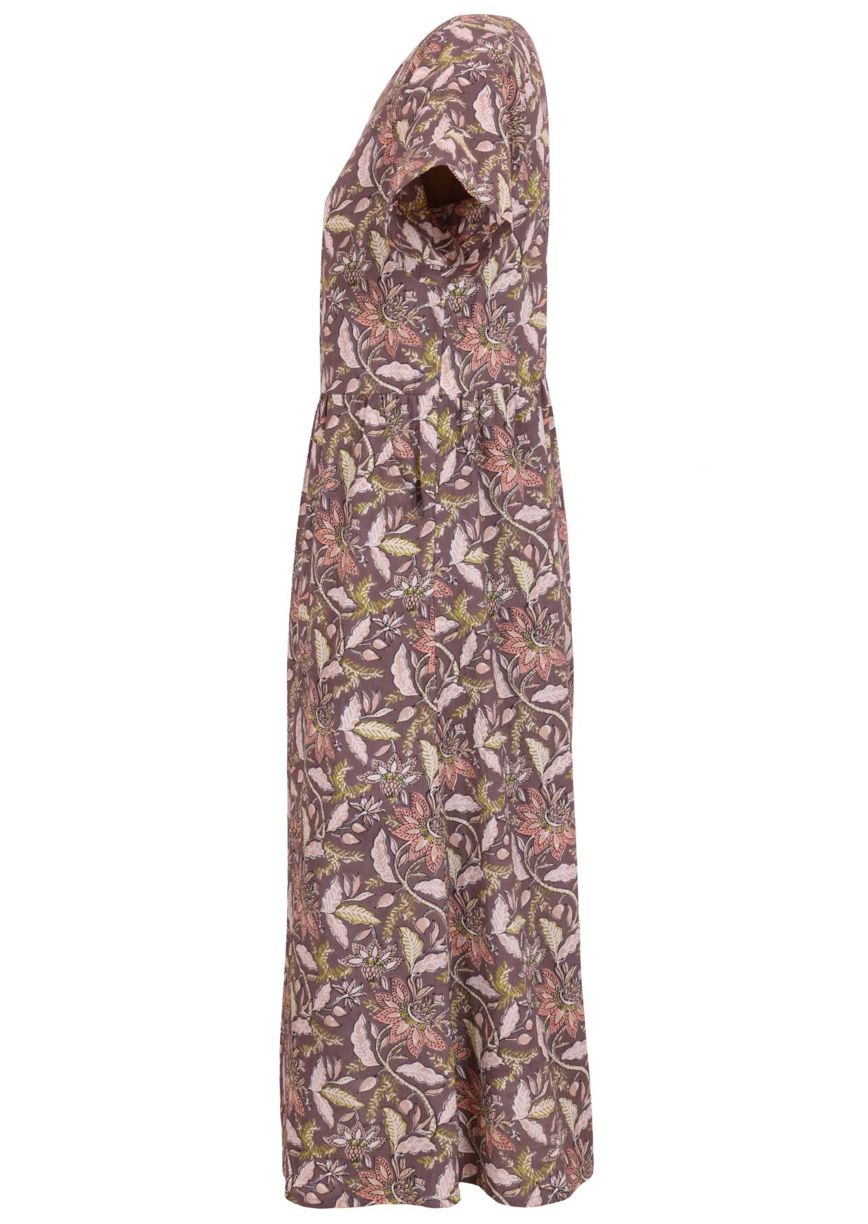 Side view of fully lined relaxed fit cotton dress with short t shirt sleeves and pockets in taupe based delicate floral print