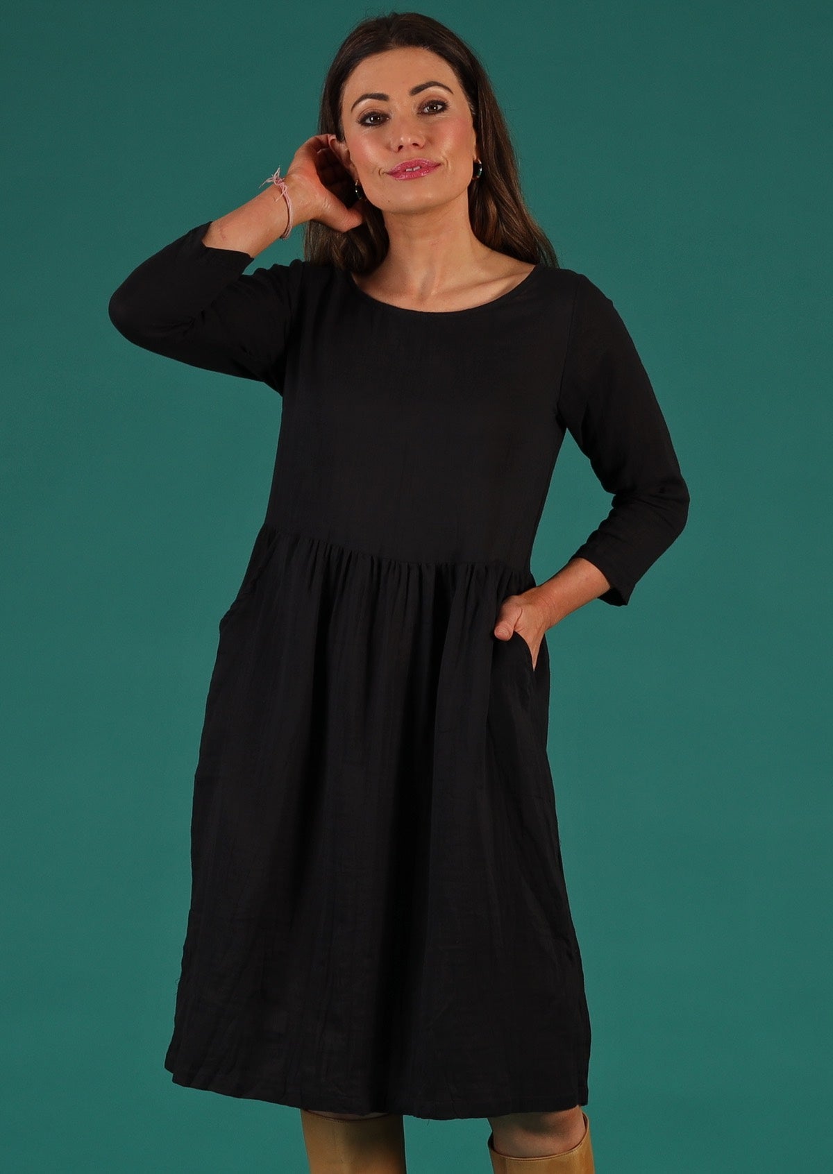 Avery Dress 100% double cotton black 3/4 sleeve relaxed fit round neckline knee length dress | Karma East Australia