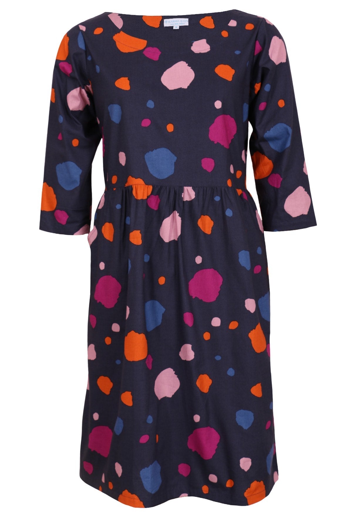 Colorful Spotty print dress on navy blue base with 3/4 sleeves and pockets