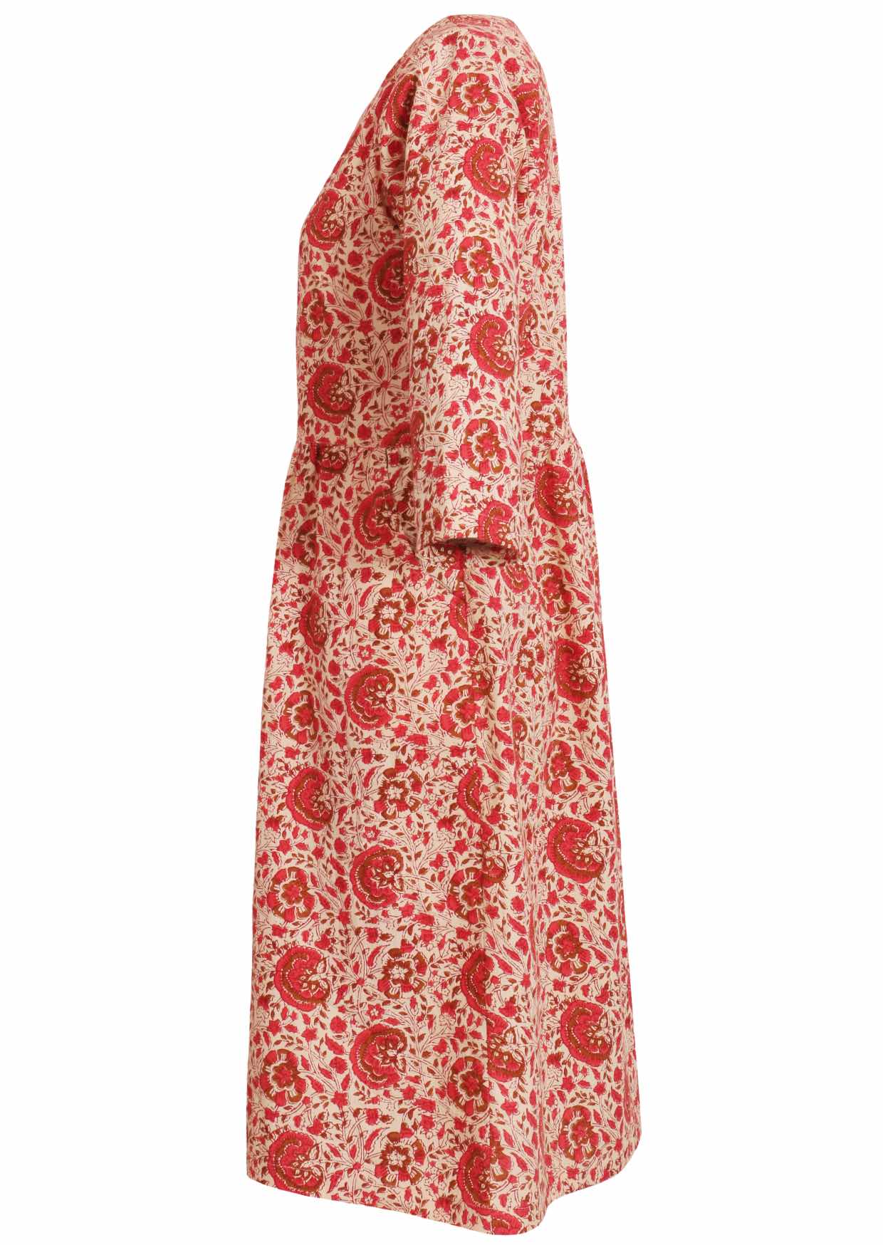 100% cotton knee length dress with pockets, 3/4 sleeves and pinkish floral print on cream base.