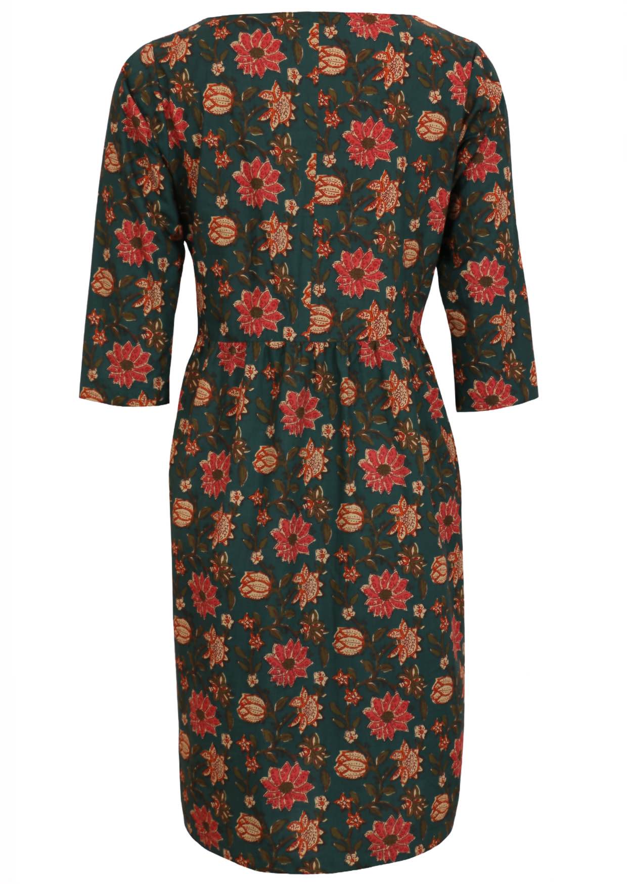 Back image of beautiful floral printed, midlength cotton dress with 3/4 sleeves and pockets.